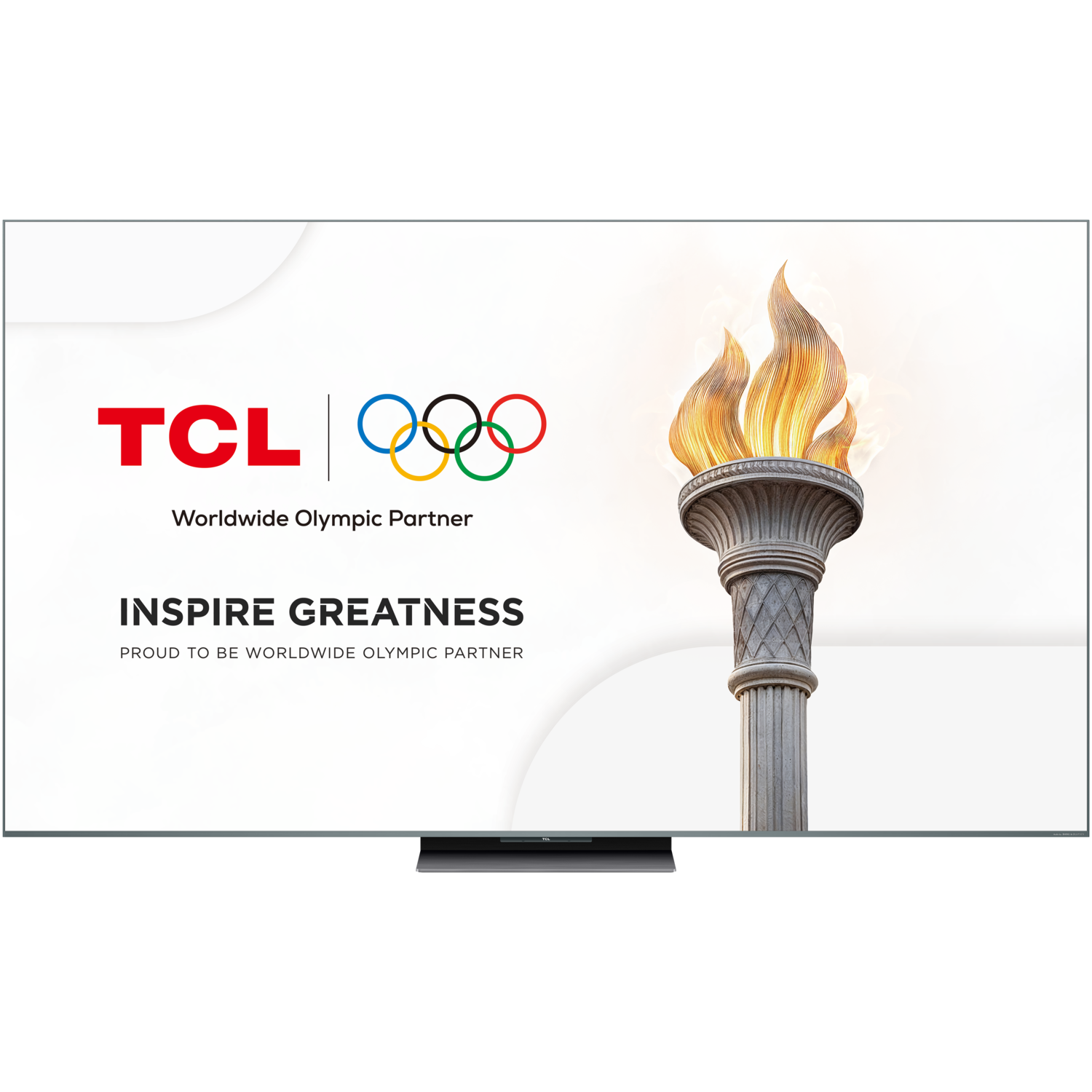 TCL TV affiche une torche et des anneaux olympiques. Les mots 'Inspire Greatness' sont aussi visibles.