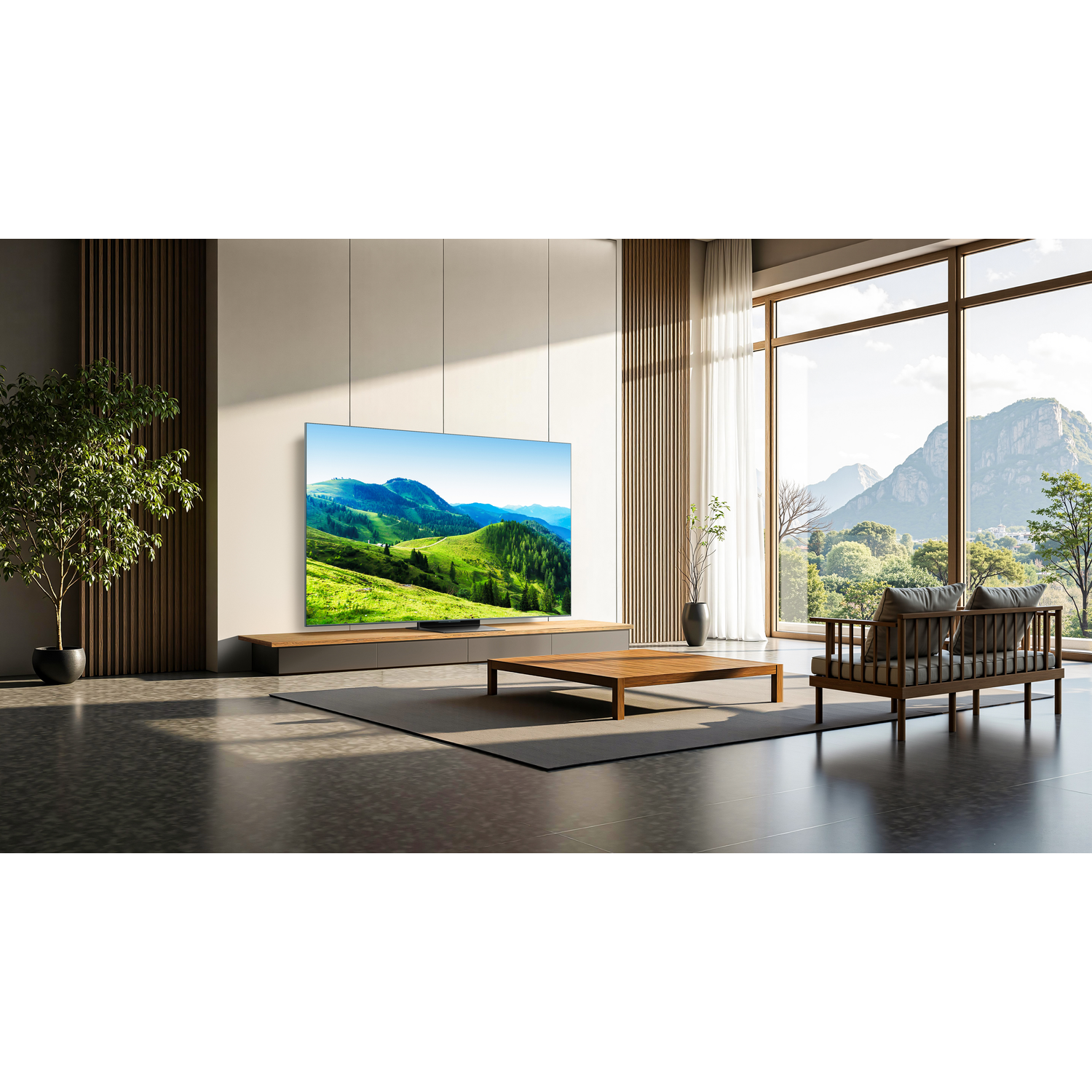Salon avec une TV affichant un paysage, une table en bois et une grande fenêtre.