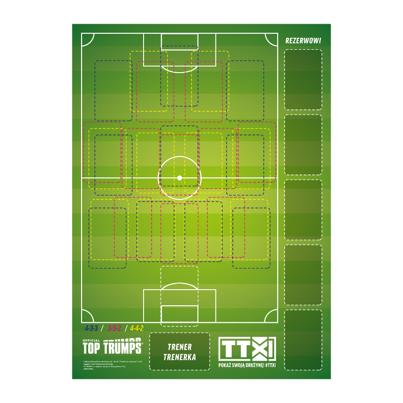 Schemat boiska do piłki nożnej z ponumerowanymi strefami i tekstem w języku polskim, szczegółowo opisujący strategię gry.