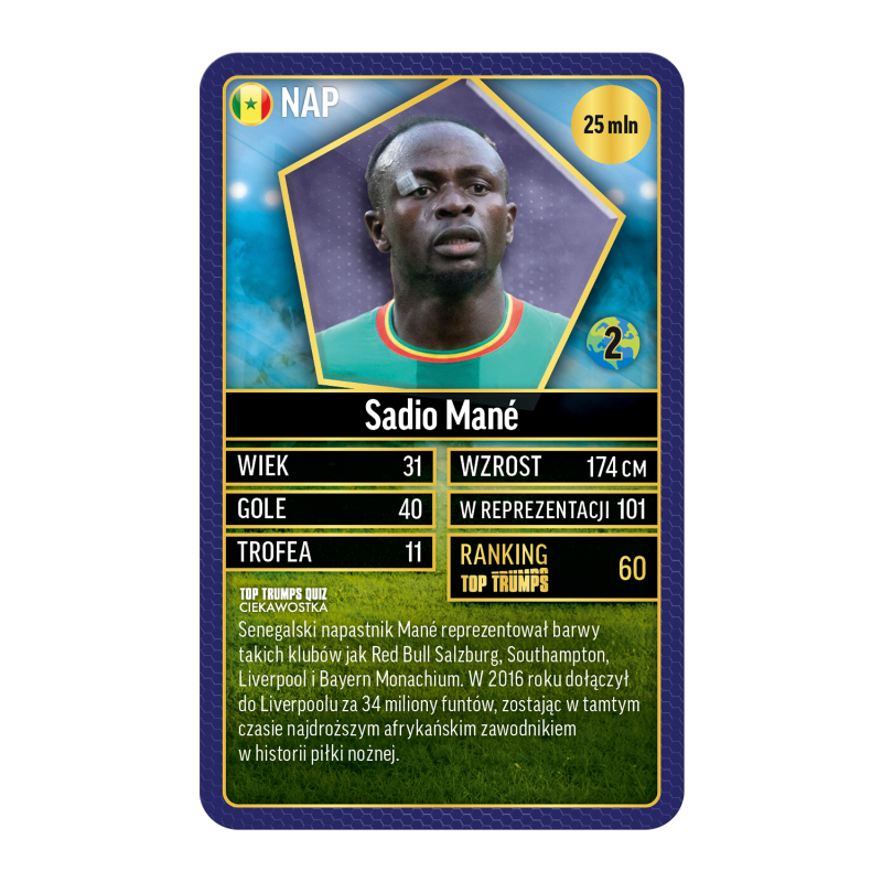 Karta Top Trumps Sadio Mané ze statystykami zawodnika, flagą i opisem w języku polskim.