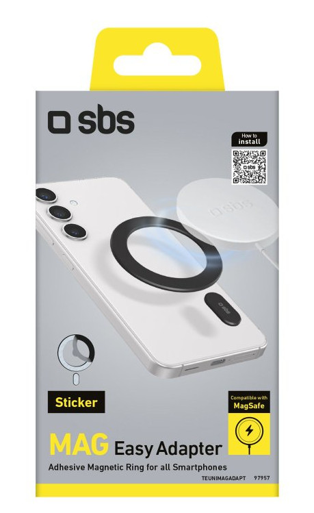 Pudełko z telefonem i adapterem magnetycznym, czarny pierścień, biała ładowarka, logo SBS, info o produkcie.