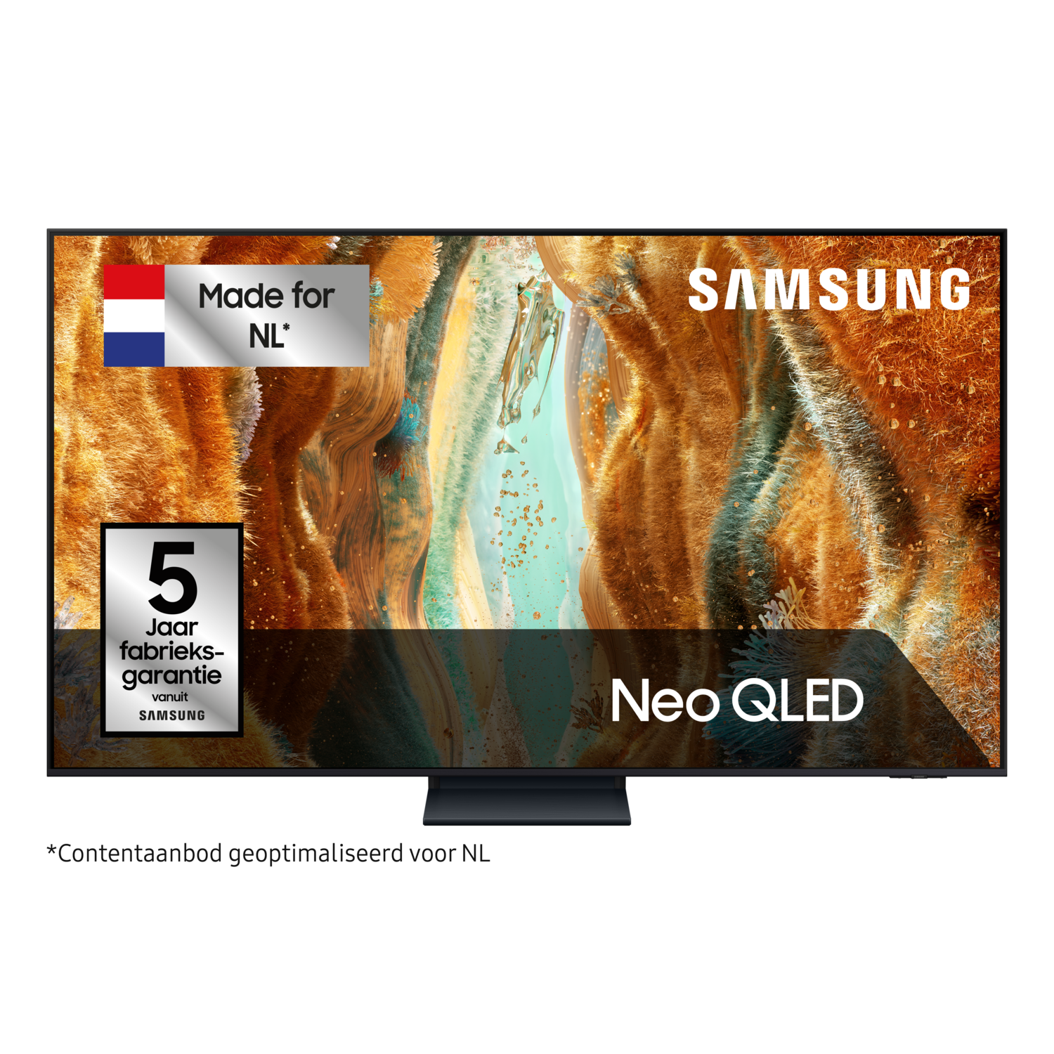 Een Samsung Neo QLED tv. Het heeft de Nederlandse vlag en de tekst 'Made for NL'. Zilveren frame en standaard.
