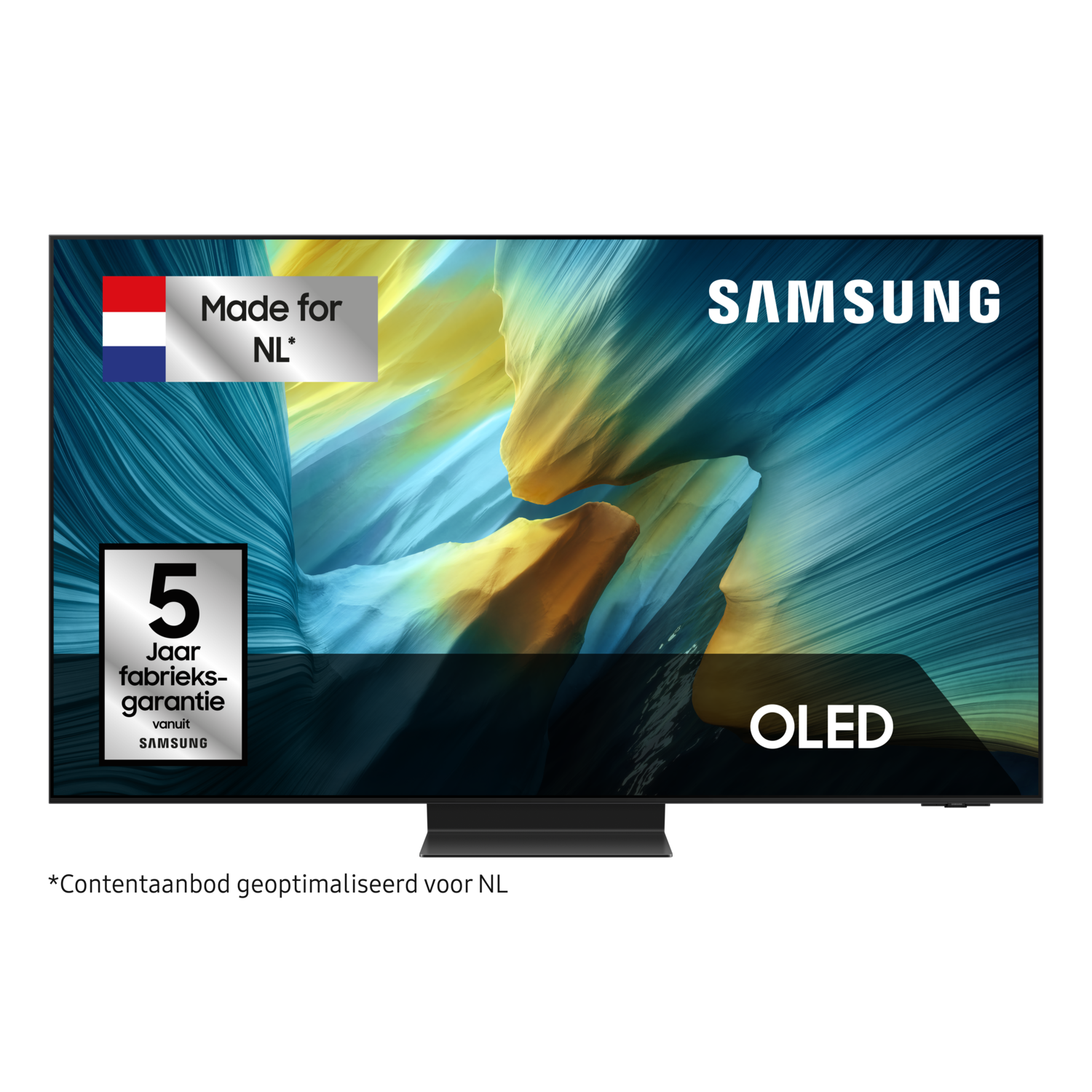 Een Samsung OLED TV. Nederlandse vlag en tekst Made for NL. 5 jaar garantie logo.