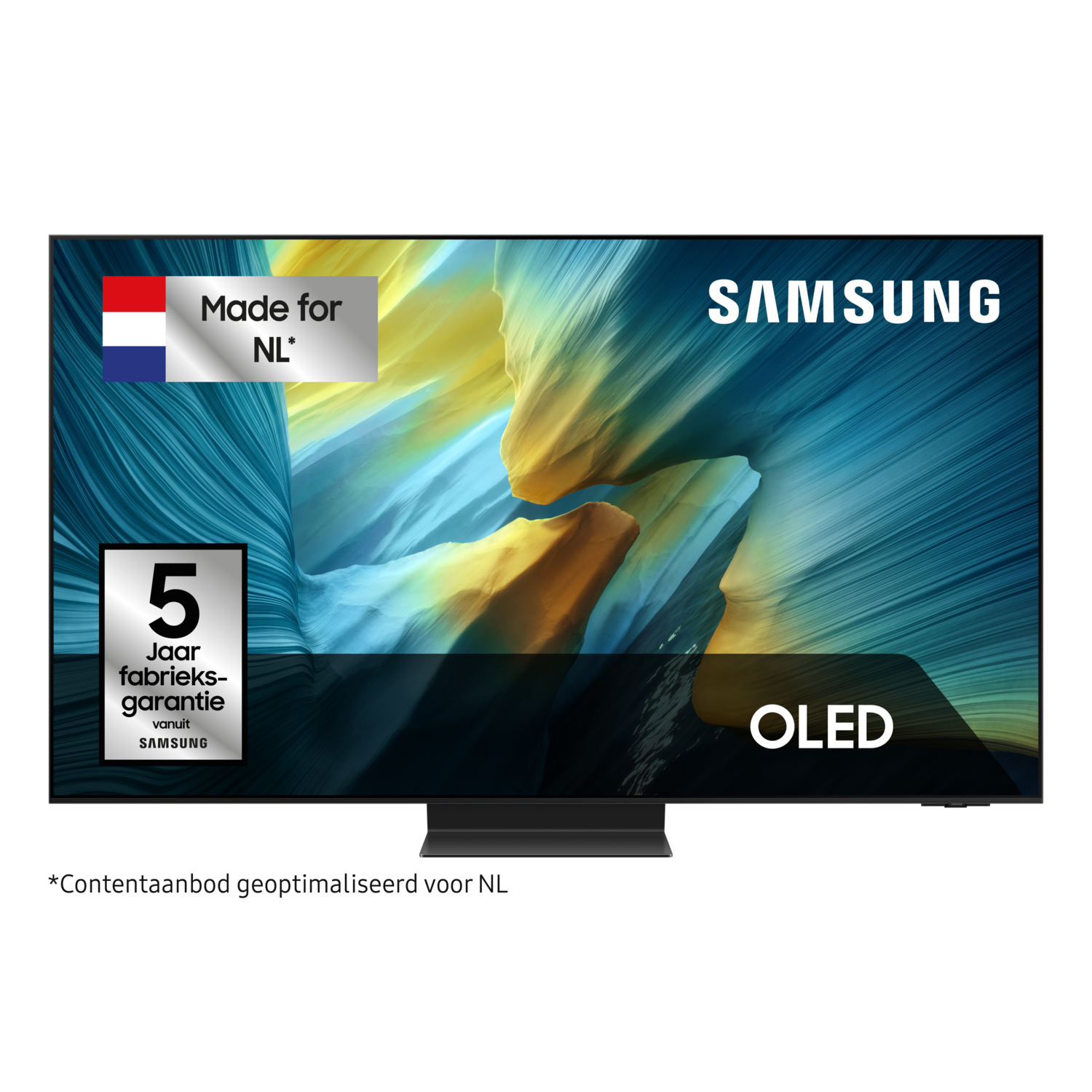 Een Samsung OLED TV. Nederlandse vlag en tekst Made for NL. 5 jaar garantie logo.