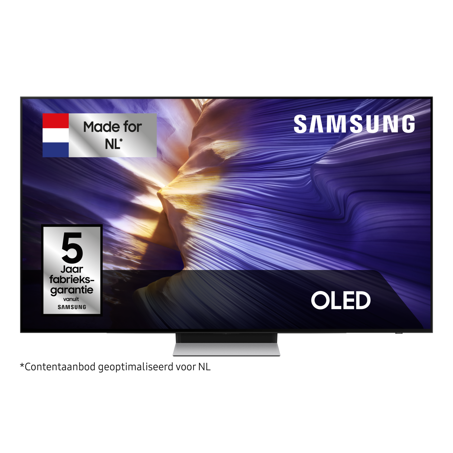 Samsung OLED TV, Nederlandse vlag en garantielogo. Kleurrijke achtergrond.