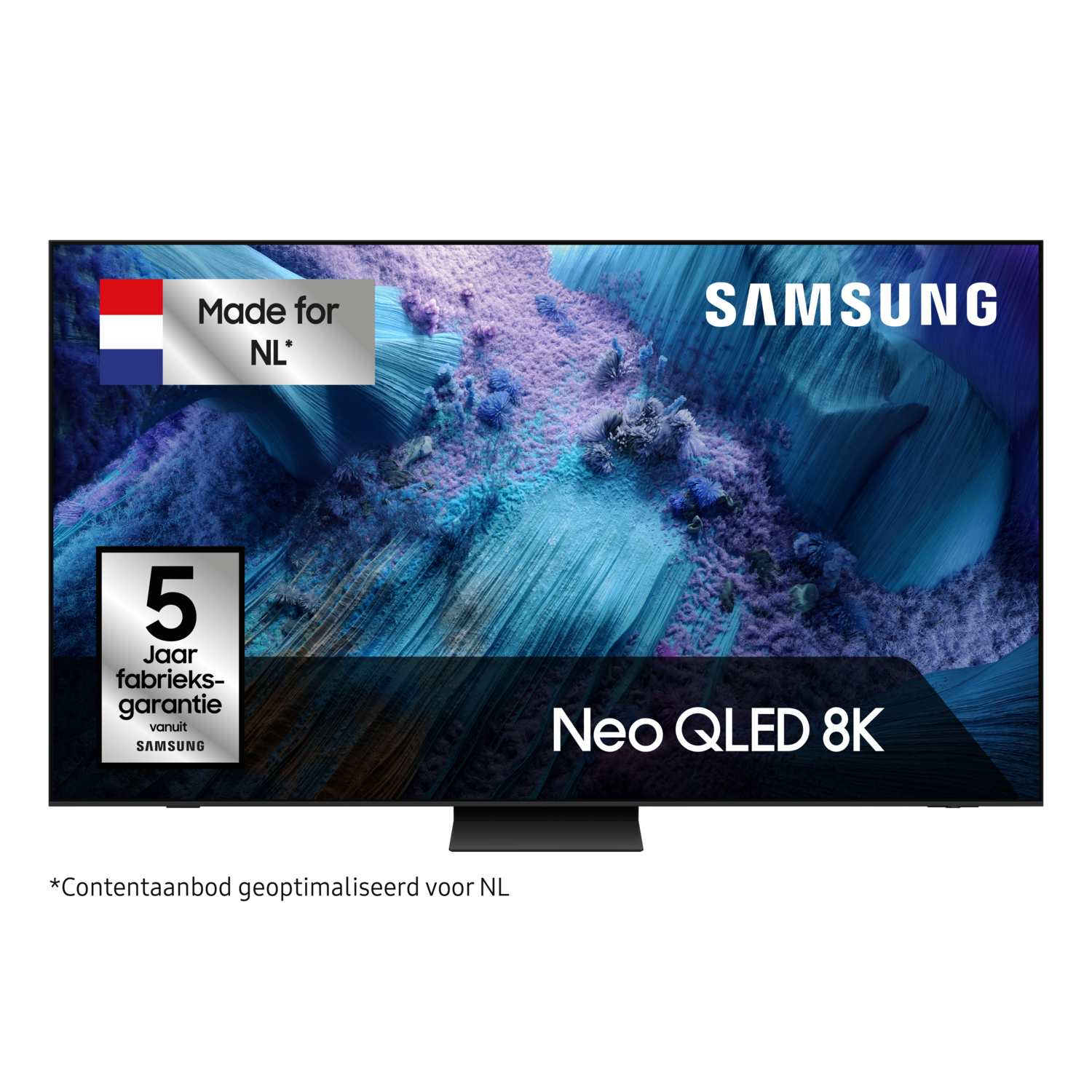Samsung Neo QLED 8K TV, Nederlandse vlag en garantielogo. Achtergrond.