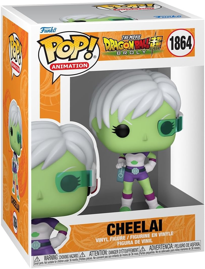 Figura Cheelai Funko Pop dentro y fuera de la caja. Piel verde, cabello blanco, atuendo púrpura.
