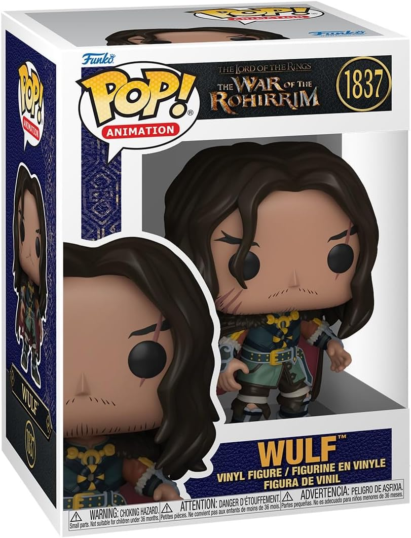 Figura Wulf Funko Pop dentro y fuera de la caja. Cabello castaño, capa oscura y rostro decidido.