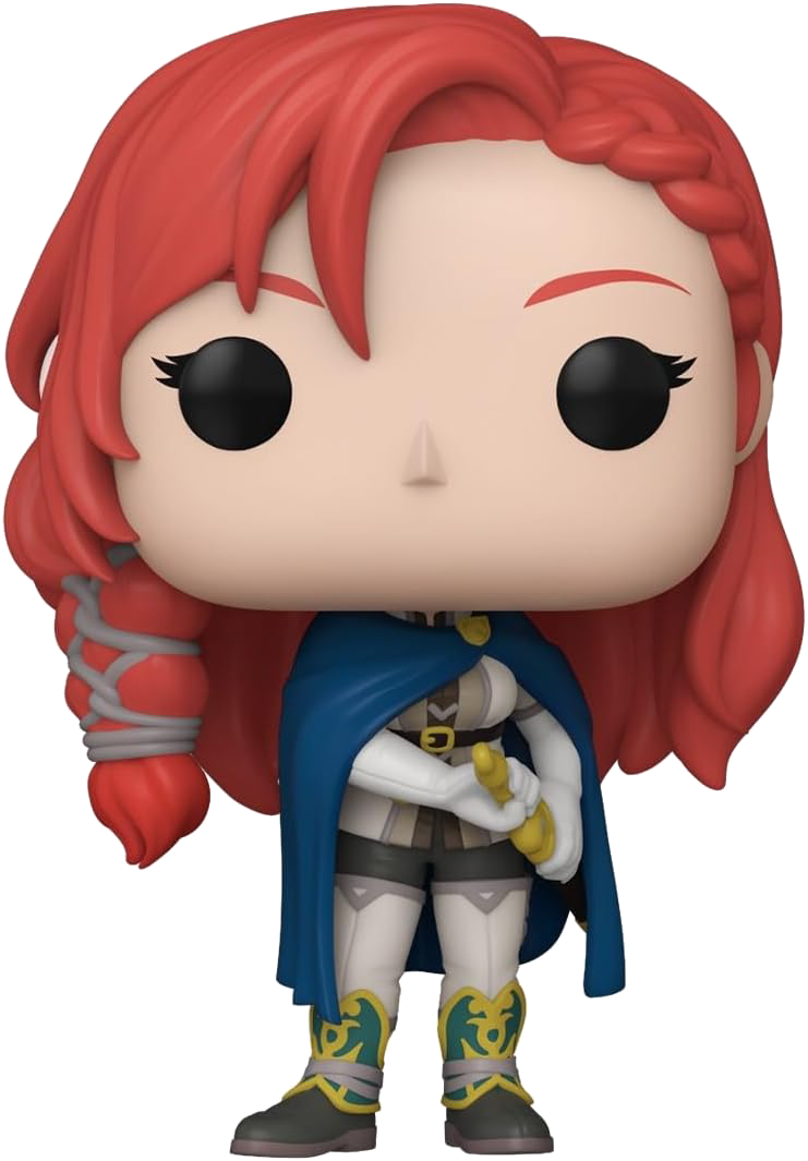 Figura Funko Pop de una mujer con cabello rojo, capa azul y arma amarilla. El fondo es liso.