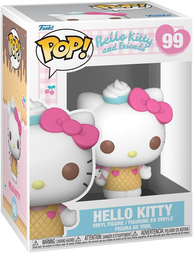 Funko Pop de Hello Kitty en una caja. Usa un lazo rosa y un vestido con corazones. El fondo es rosa.
