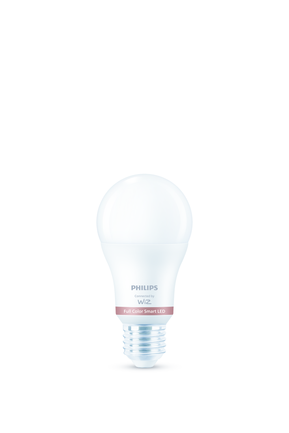 Una bombilla LED inteligente Philips Wiz blanca con una banda rosa.