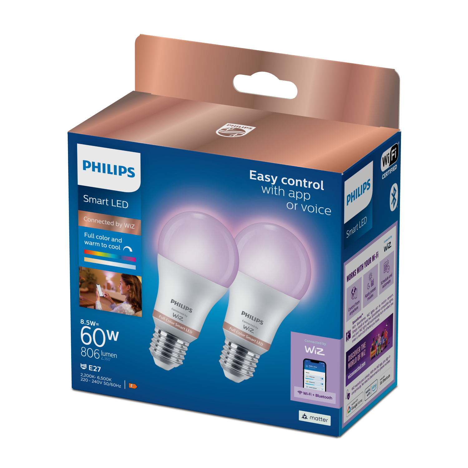 Caja de bombillas LED inteligentes Philips. Dos bombillas iluminadas en rosa.