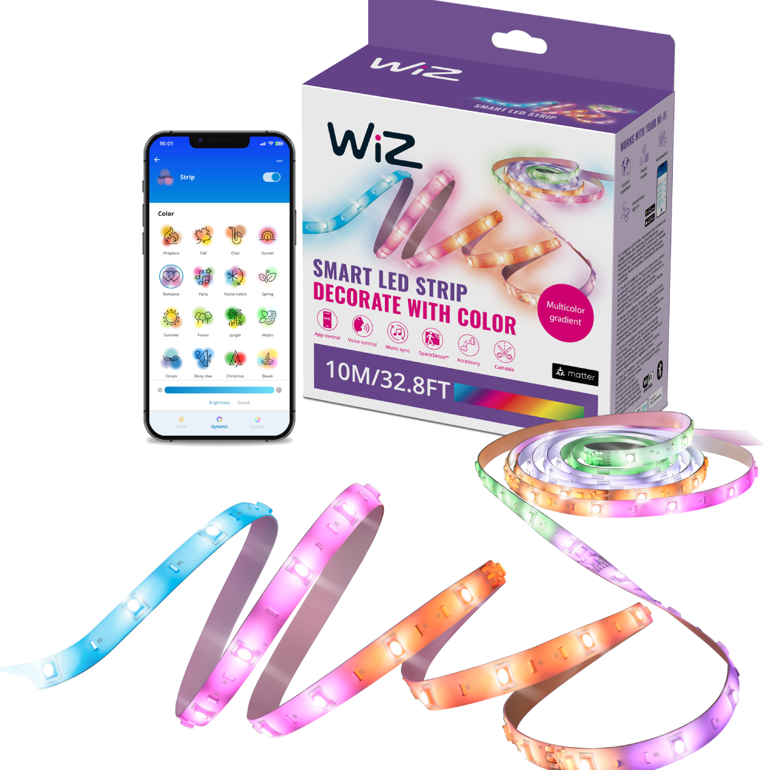 Tira LED inteligente Wiz, con un teléfono que muestra la app y una caja, luces.