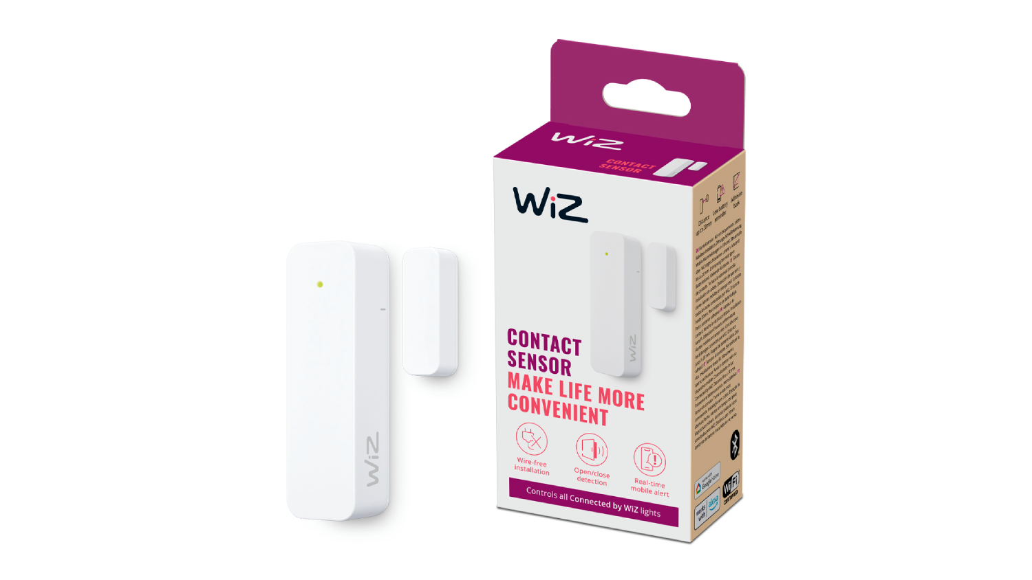 Caja del sensor de contacto Wiz. El sensor es blanco y es para puertas y ventanas.