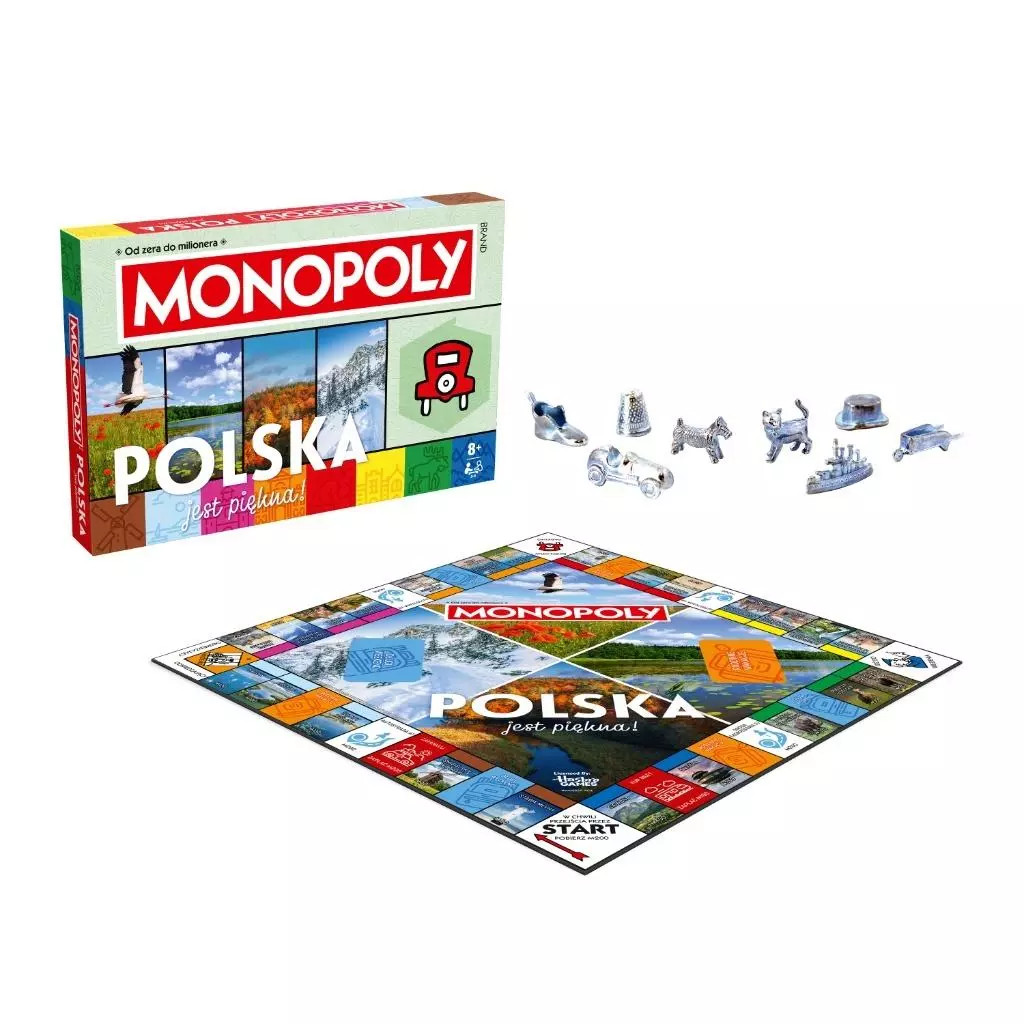 Zestaw gry Monopoly Polska z planszą, pudełkiem i metalowymi pionkami. Zawiera polskie lokacje.