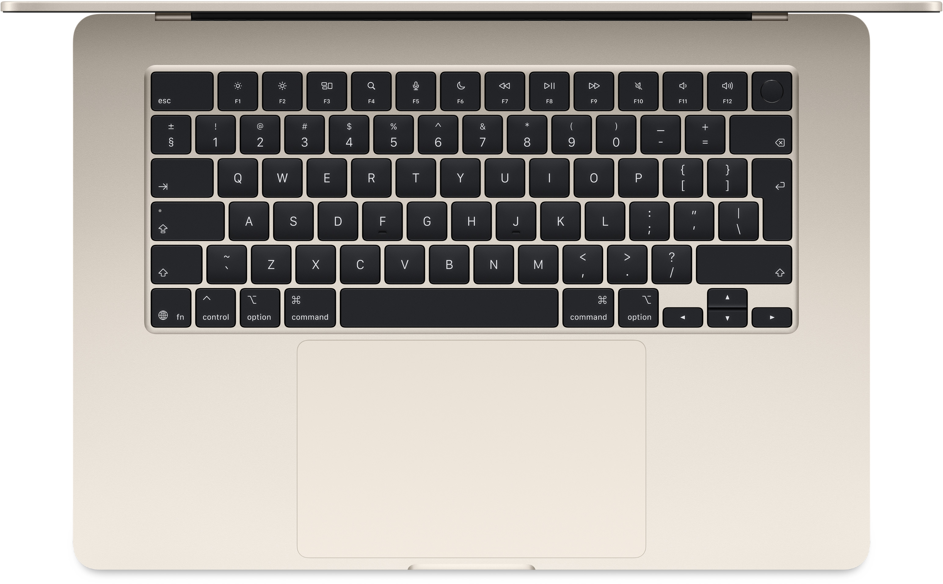 A MacBook Air billentyűzetének felülnézete, Starlight színben. Tartalmazza a funkciógombokat, a touchpad-et és a bekapcsológombot.