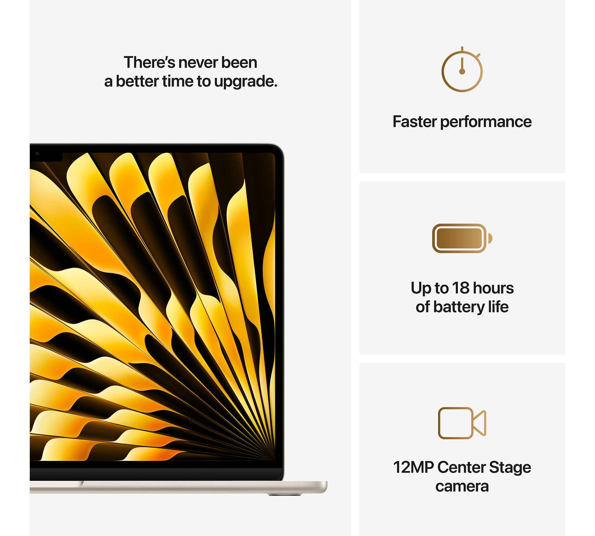 MacBook Air arany legyező-szerű mintával a képernyőn, ikonokkal a teljesítményről és az akkumulátor élettartamáról.