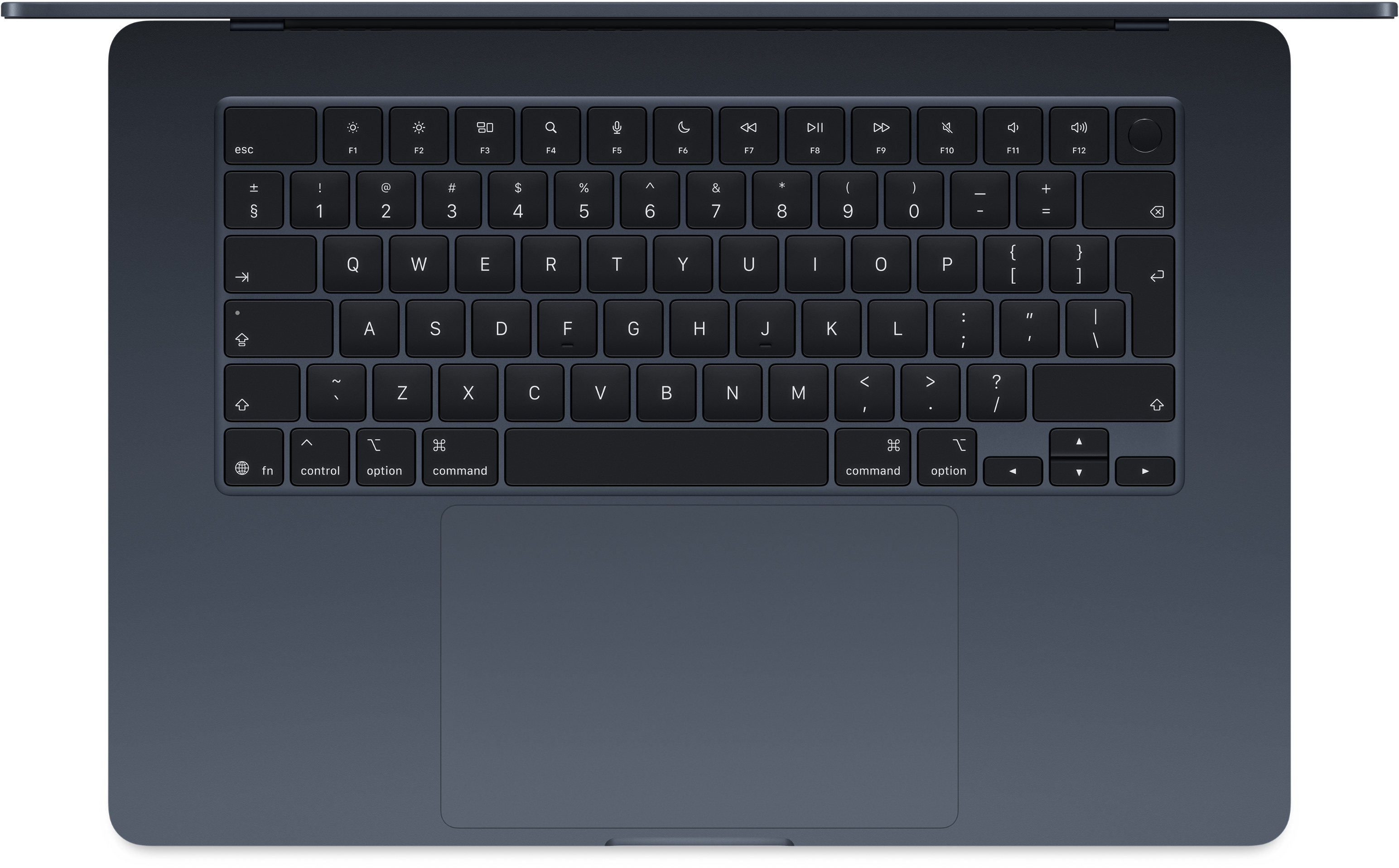 Felülnézet egy Midnight blue laptop billentyűzetéről. A gombok feketék, fehér betűkkel és szimbólumokkal.
