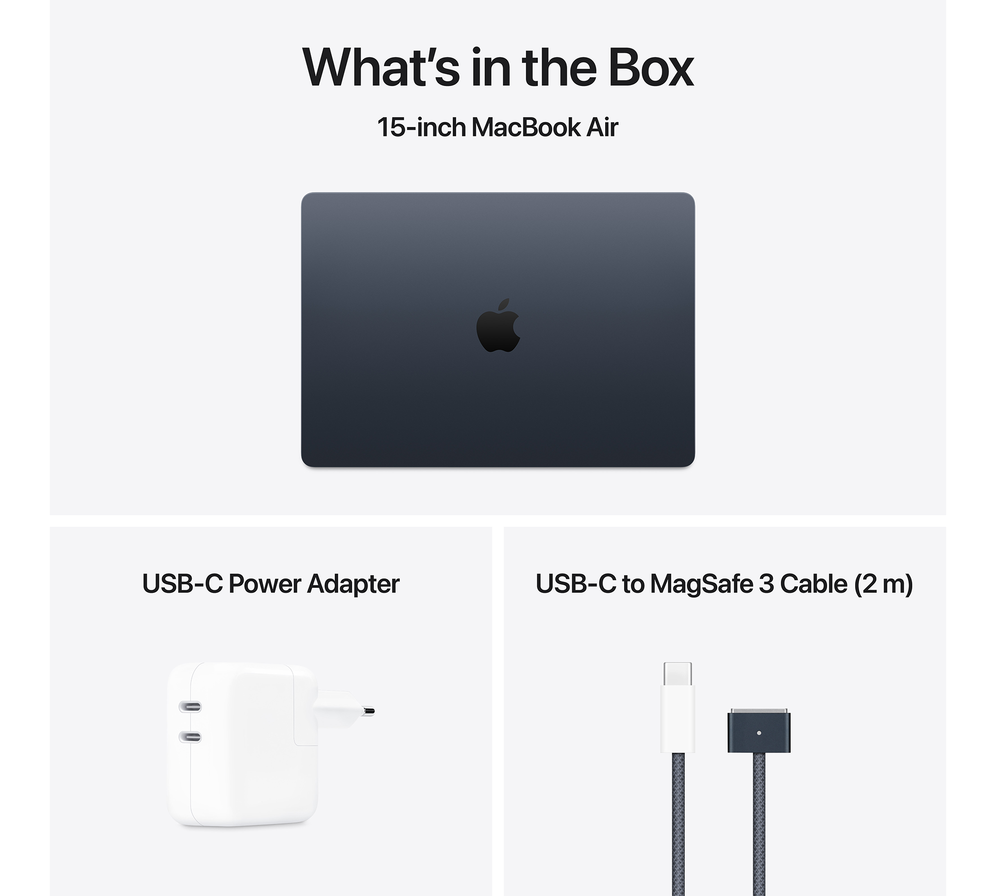 A doboz tartalma: egy Midnight MacBook Air, USB-C hálózati adapter és egy USB-C - MagSafe 3 kábel.