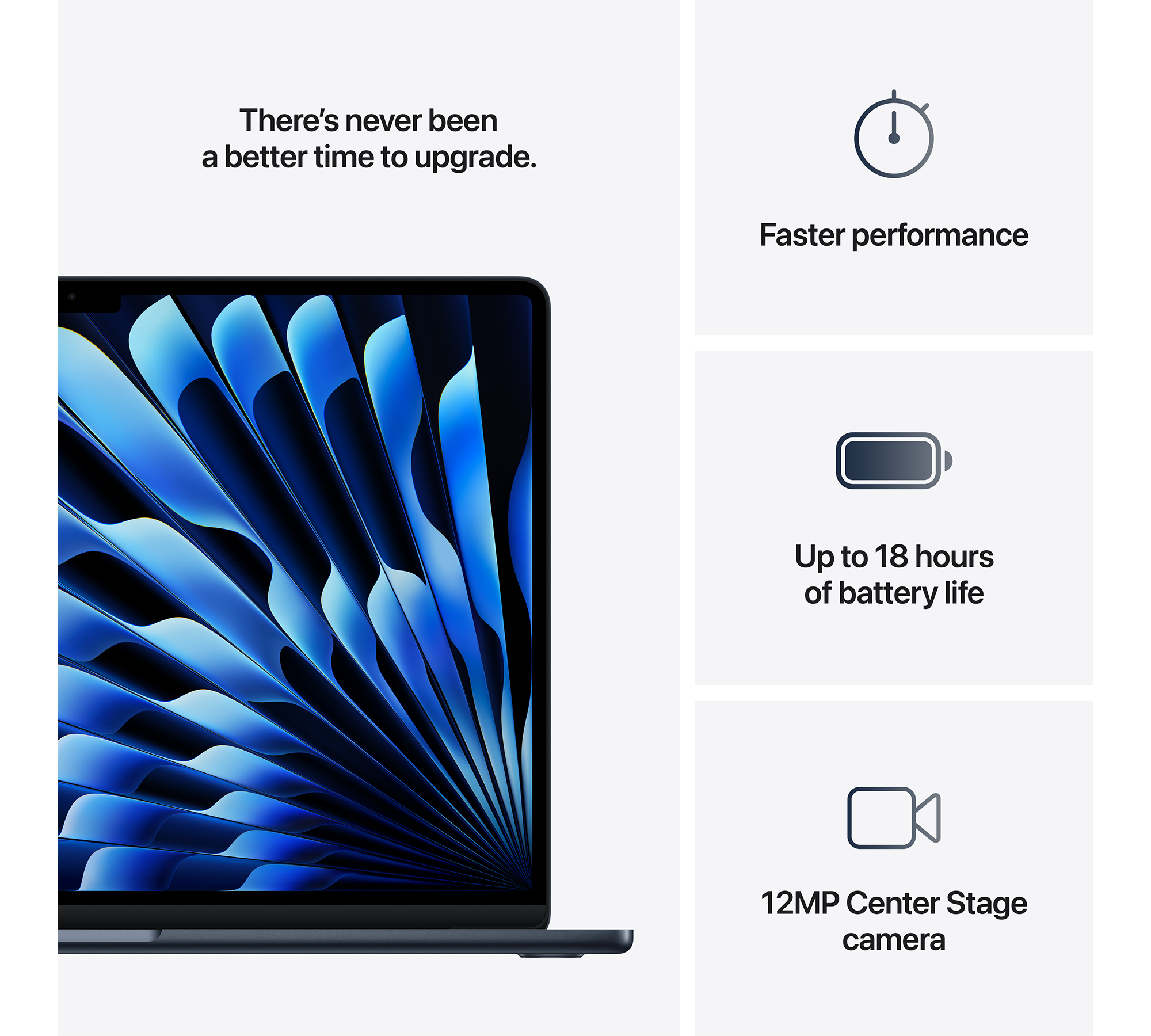 Egy MacBook Air és jellemzői: Gyorsabb teljesítmény, akár 18 óra akkumulátor-üzemidő és 12MP kamera.