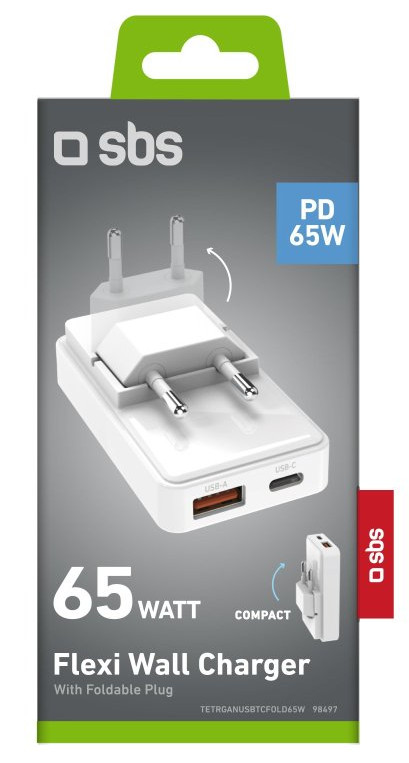 Biała ładowarka ścienna Flexi 65W ze składaną wtyczką, portami USB-A i USB-C oraz opakowaniem produktu.