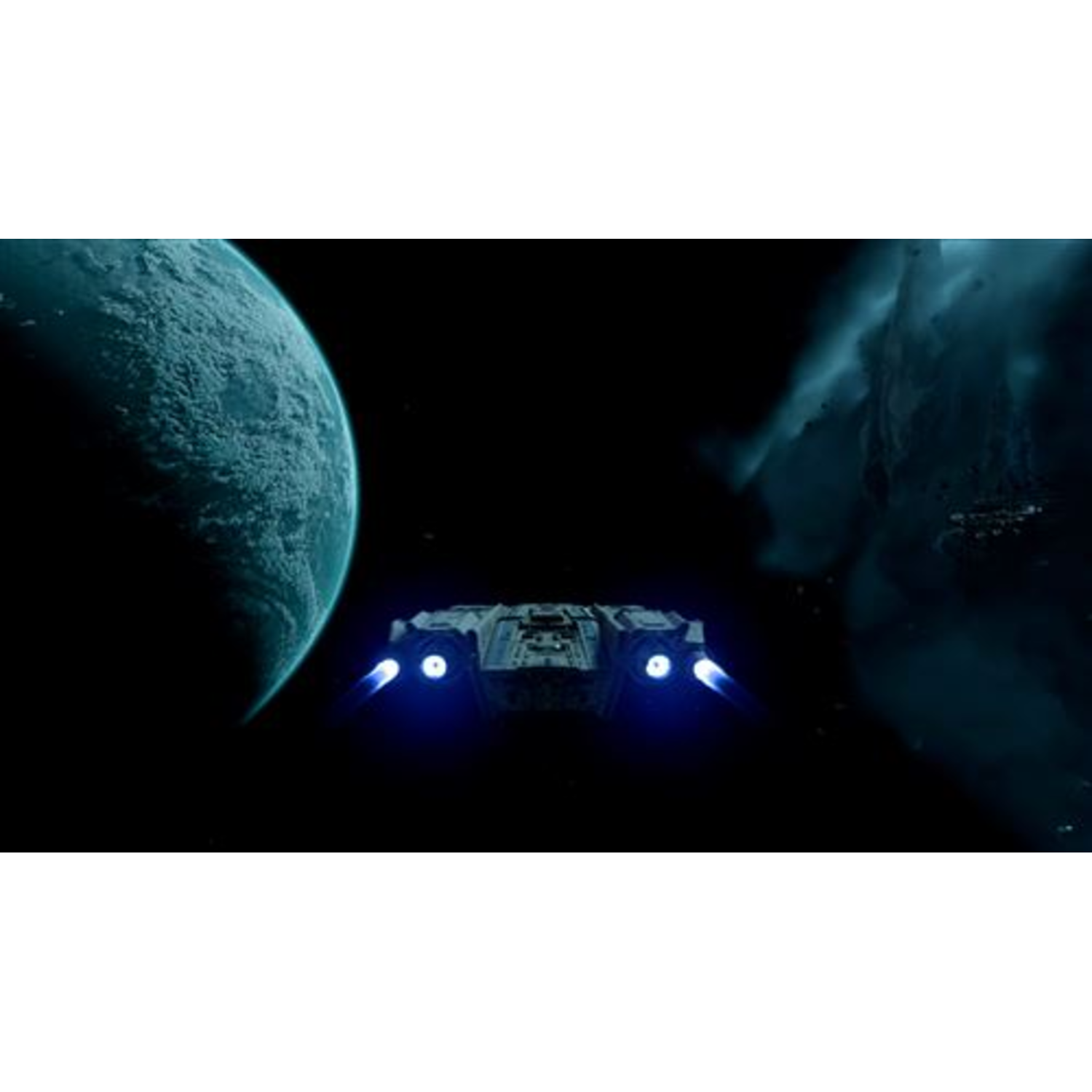 Ruimteschip in de ruimte, blauwe planeet links, donkere wolken rechts, schip heeft blauwe motorlichten.