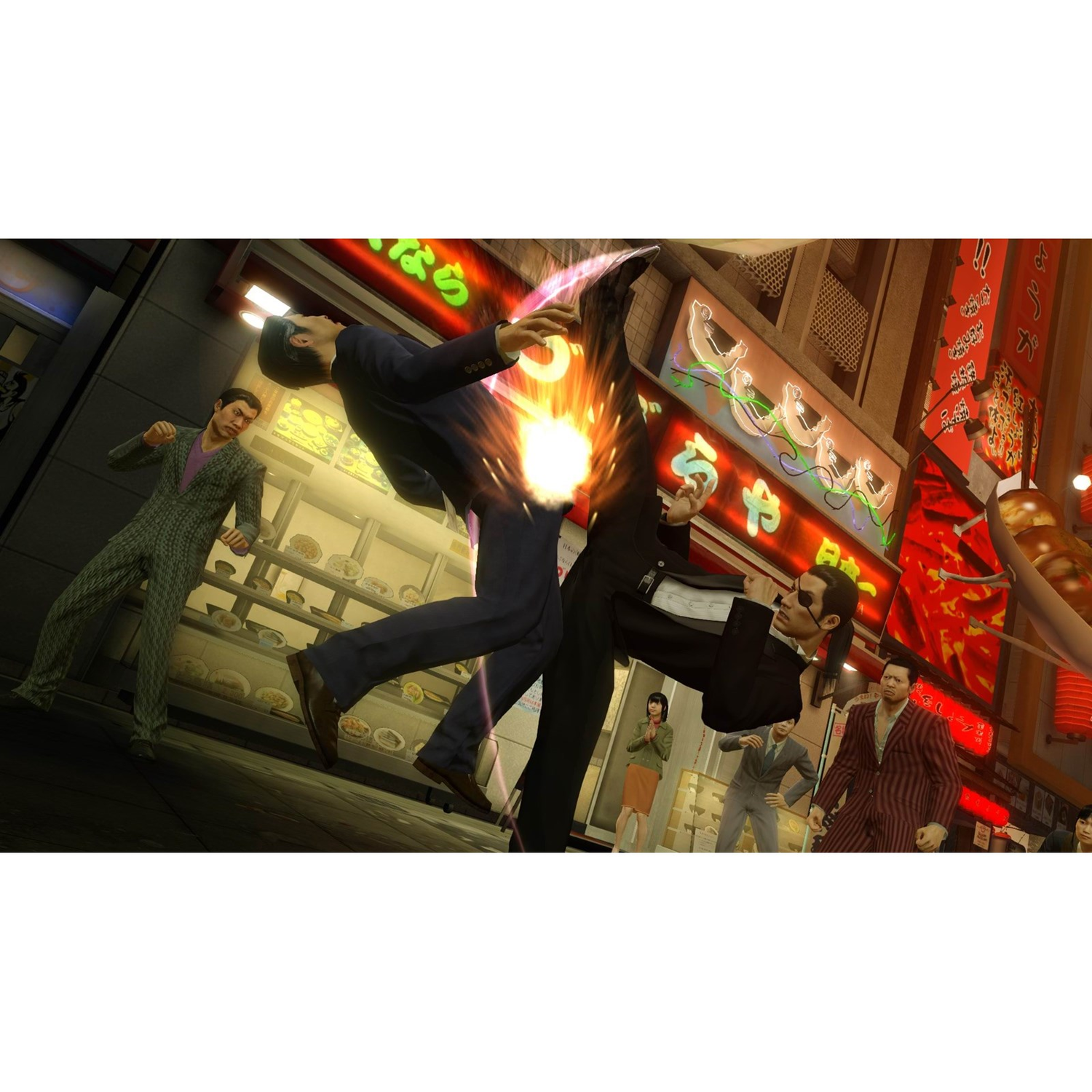 Mannen vechten, een wordt in de lucht geschopt, neonlichten, straat in de stad, andere mensen, game scene.