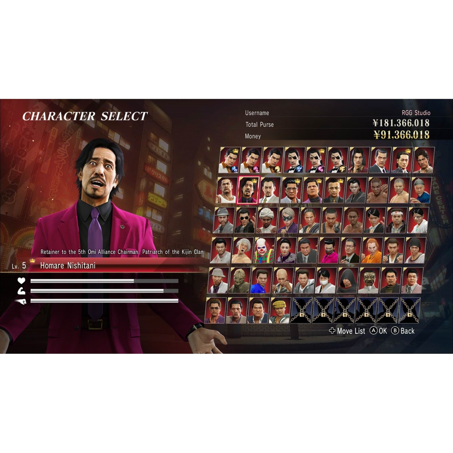 Karakterselectiescherm, man in roze pak, andere karakters, game UI, tekst, geldinfo.