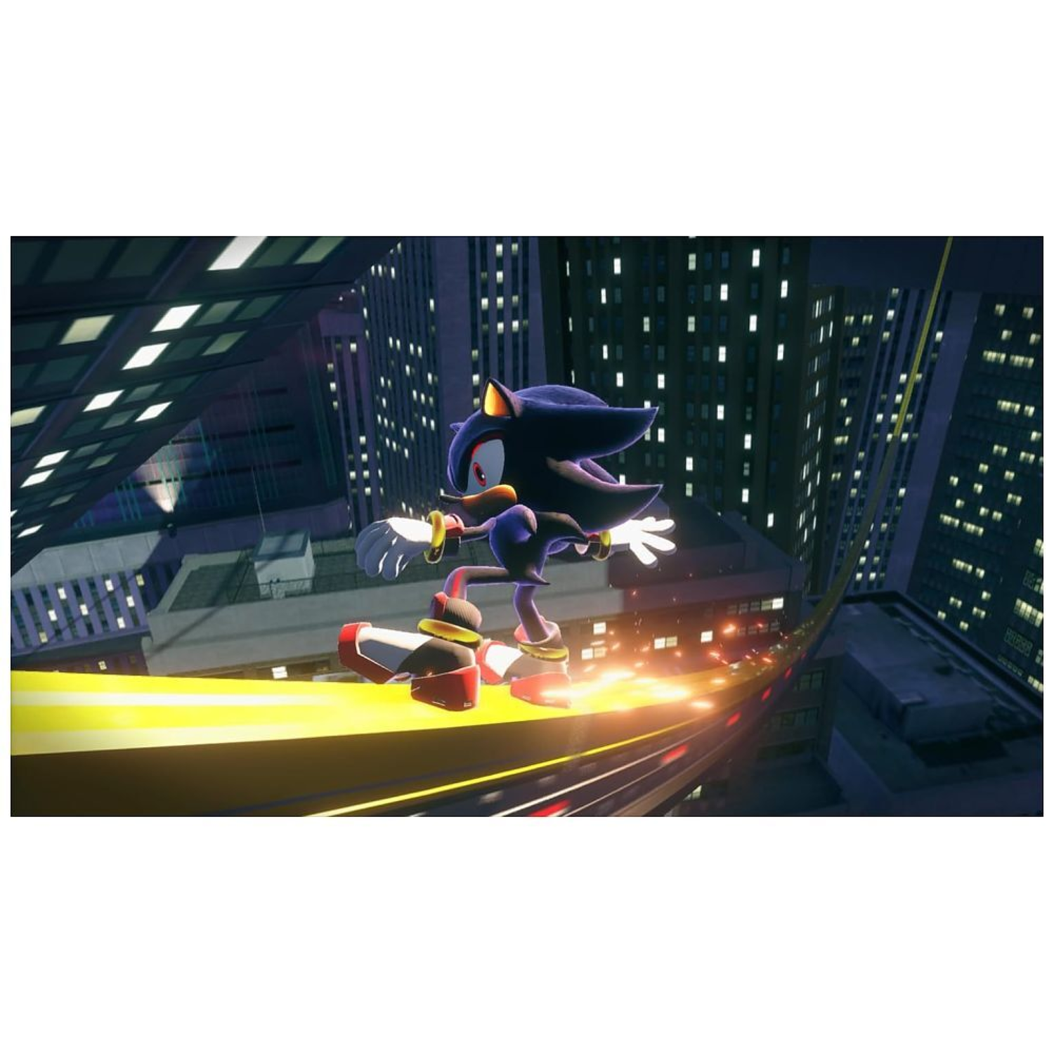 Shadow the Hedgehog aan het skateboarden, stadsachtergrond, hoge snelheid, heldere lichten, game scene.