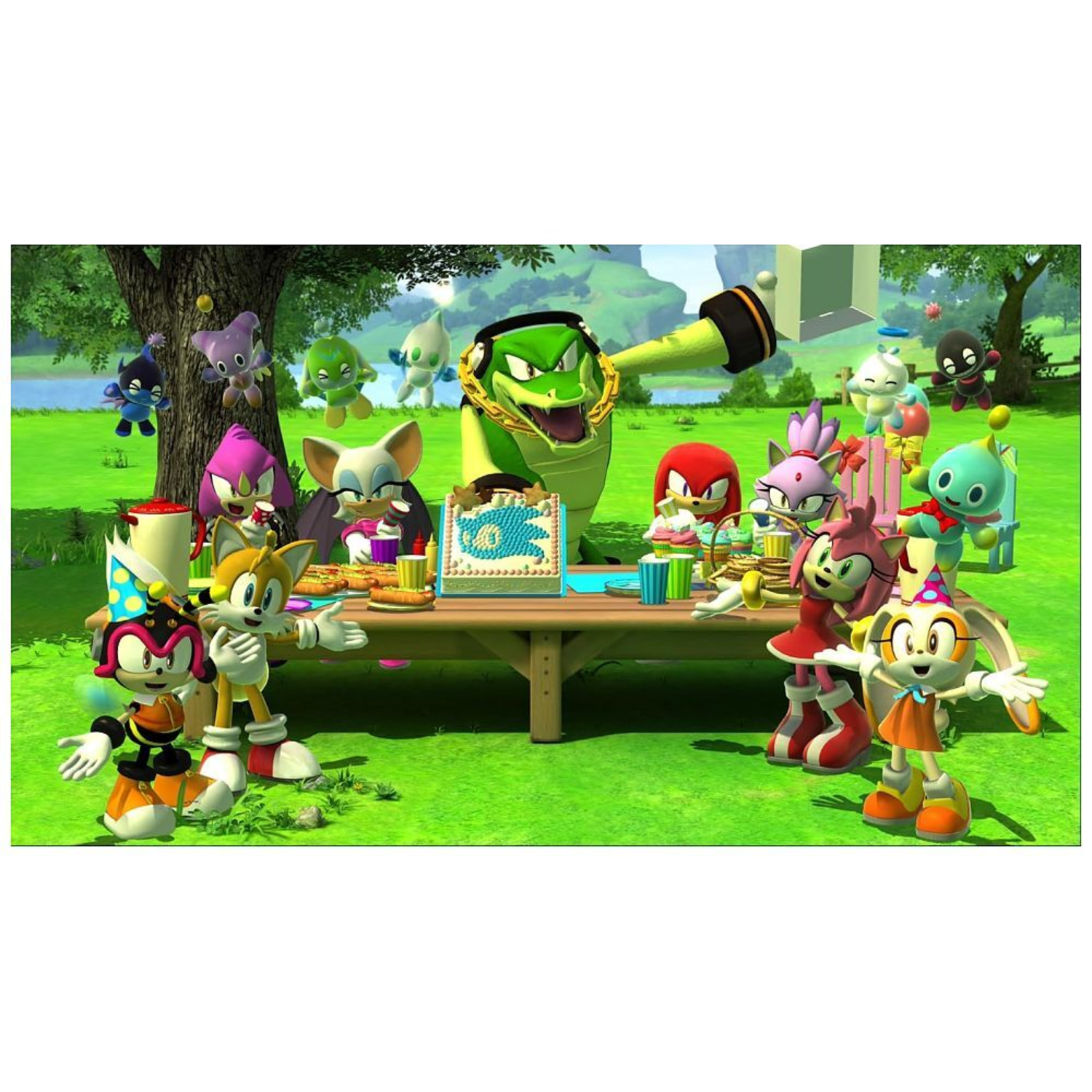 Sonic-personages op picknick, groen gras, boom, taart, verschillende personages, zonnige dag.