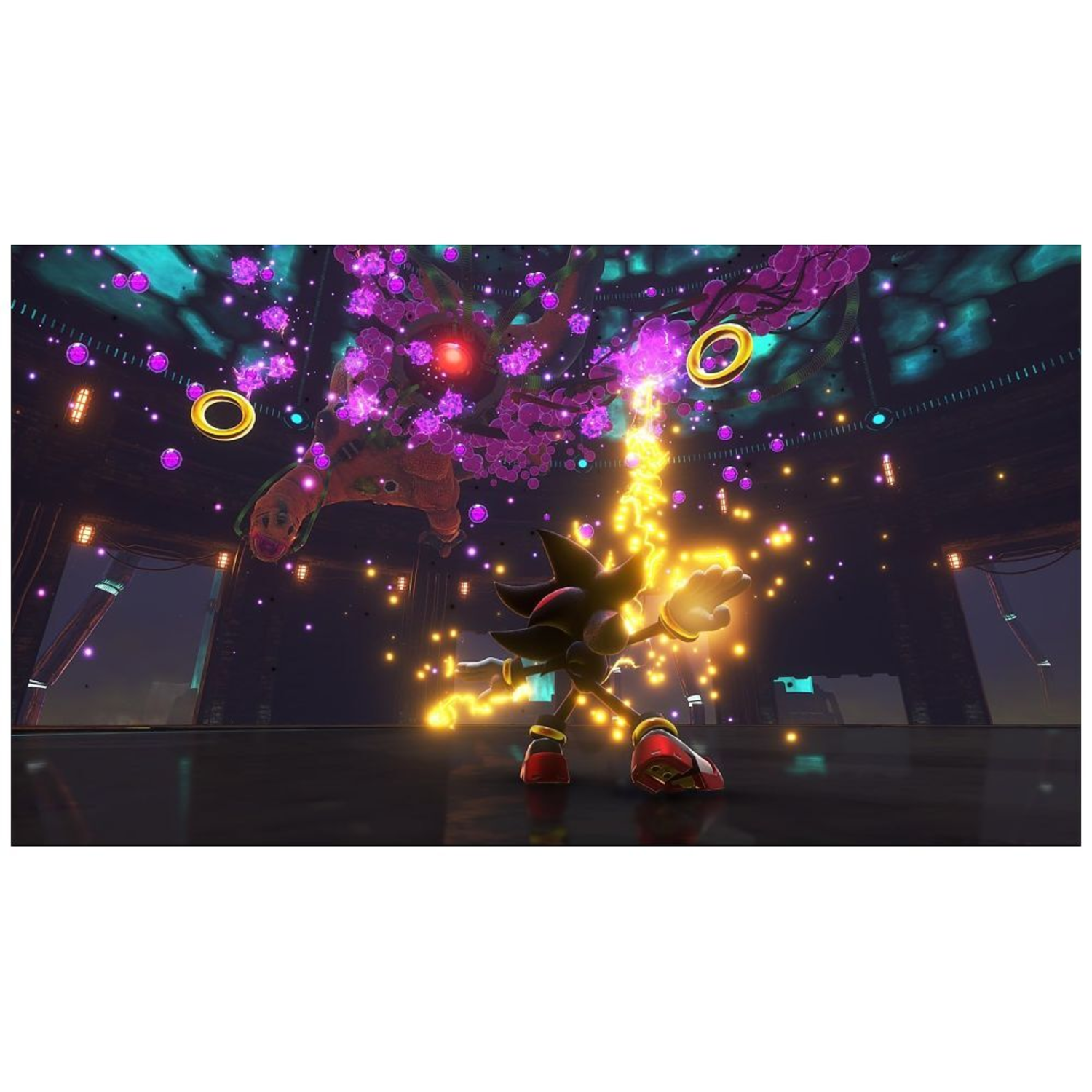 Shadow the Hedgehog in een arena, gebruikt een kracht. Ringen zweven in de lucht, met gloeiende energie.