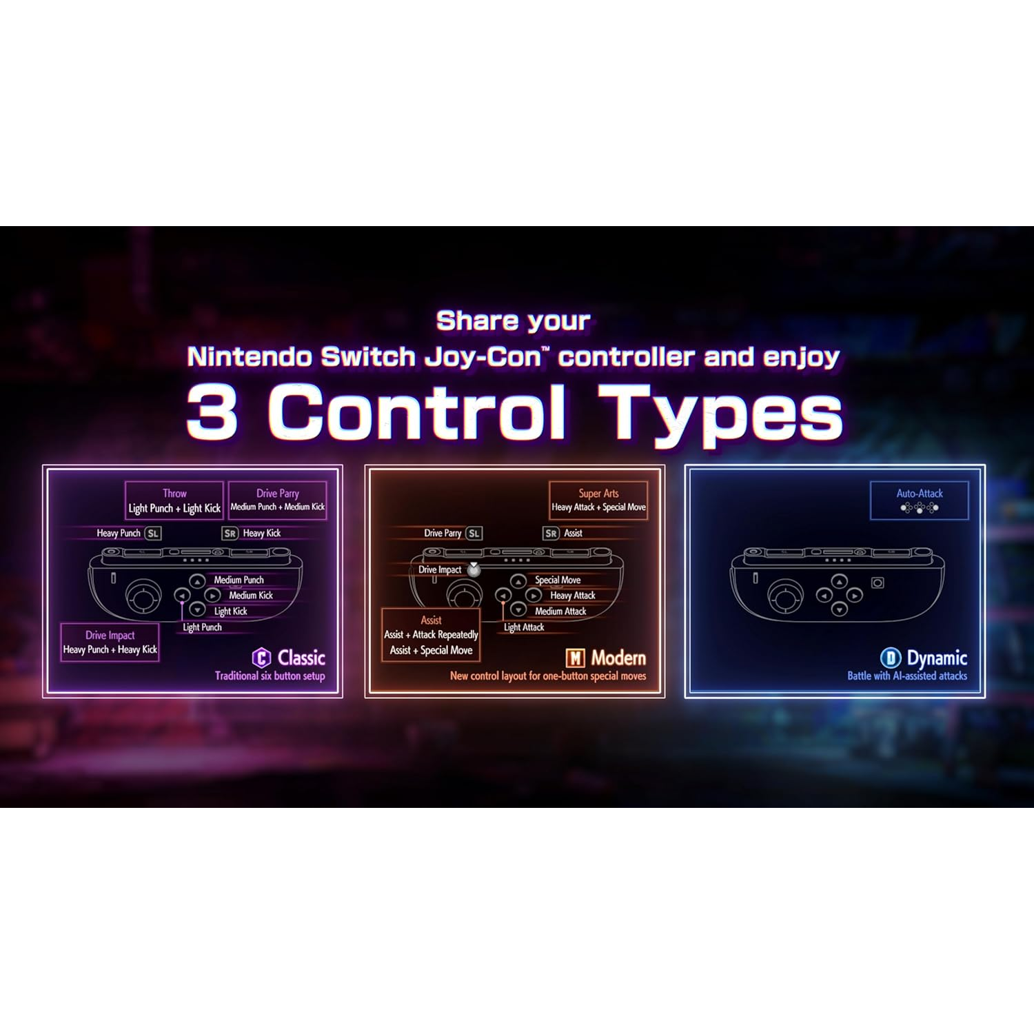 Diagram met drie verschillende Nintendo Switch Joy-Con controller lay-outs voor diverse spelstijlen.