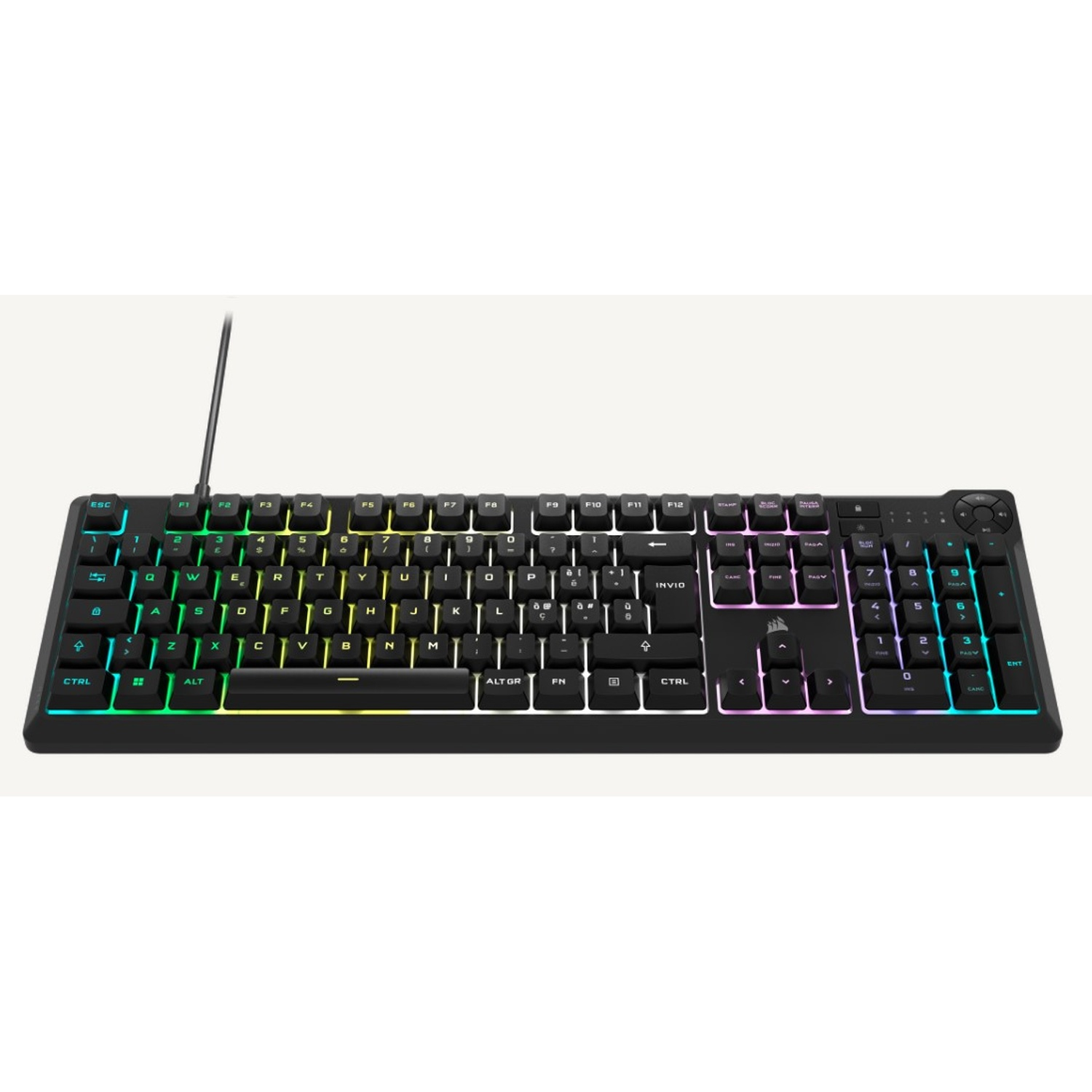 Tastiera nera con tasti color arcobaleno. Il marchio 'Corsair' è visibile sulla tastiera.