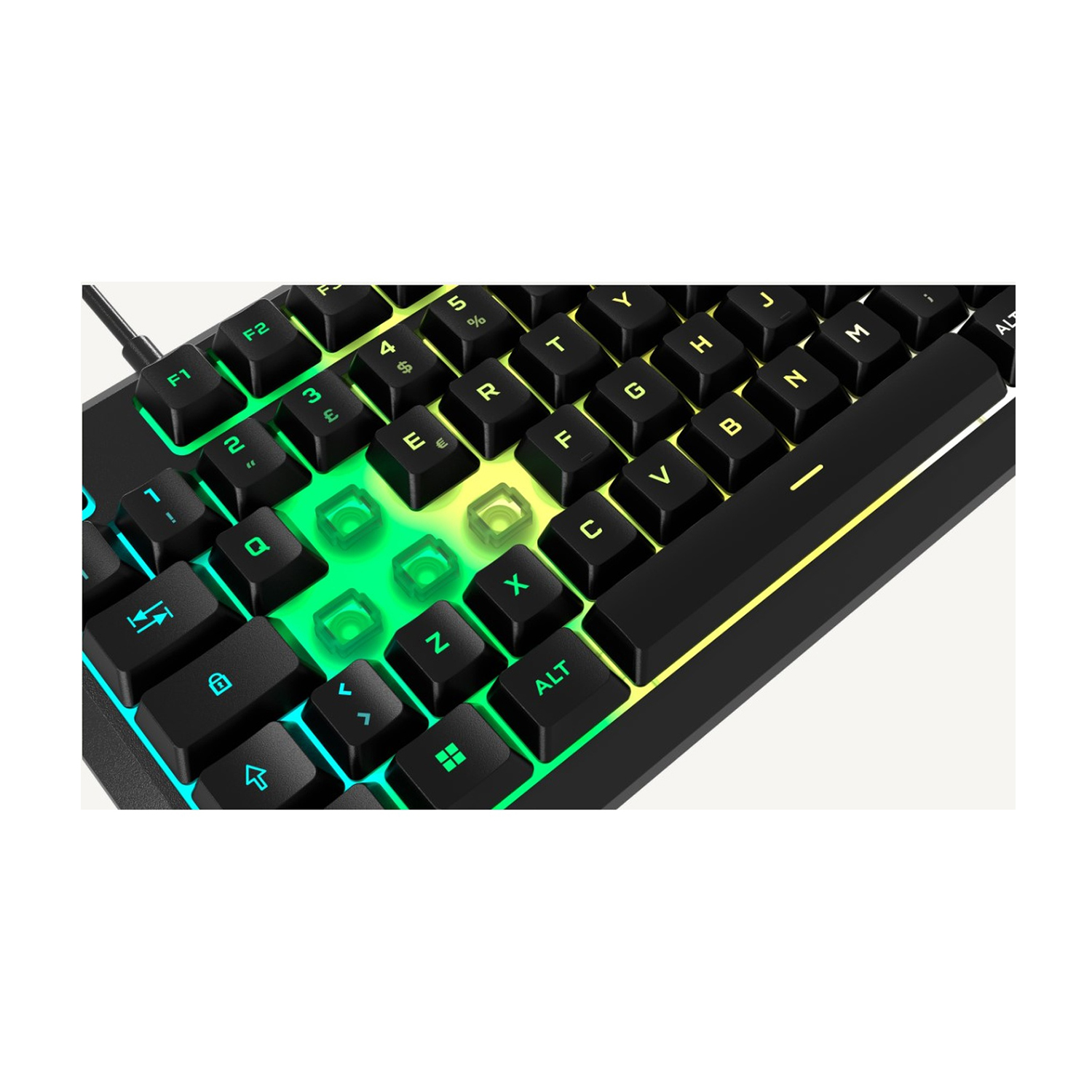 Primo piano di una tastiera nera. I tasti illuminati sono colorati e hanno simboli diversi.