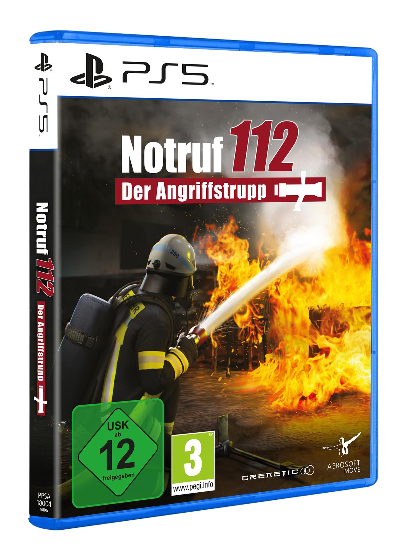 Spielcover für PS5. Ein Feuerwehrmann zielt mit einem Schlauch auf Flammen, mit dem Titel "Notruf 112".
