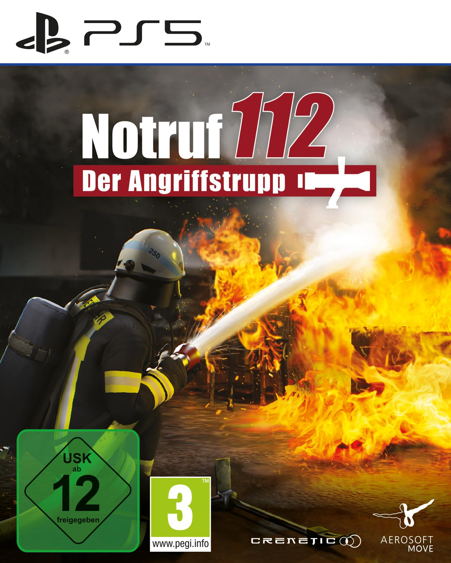 Spielcover für PS5, Feuerwehrmann zielt mit Schlauch auf Flammen, Titel "Notruf 112".