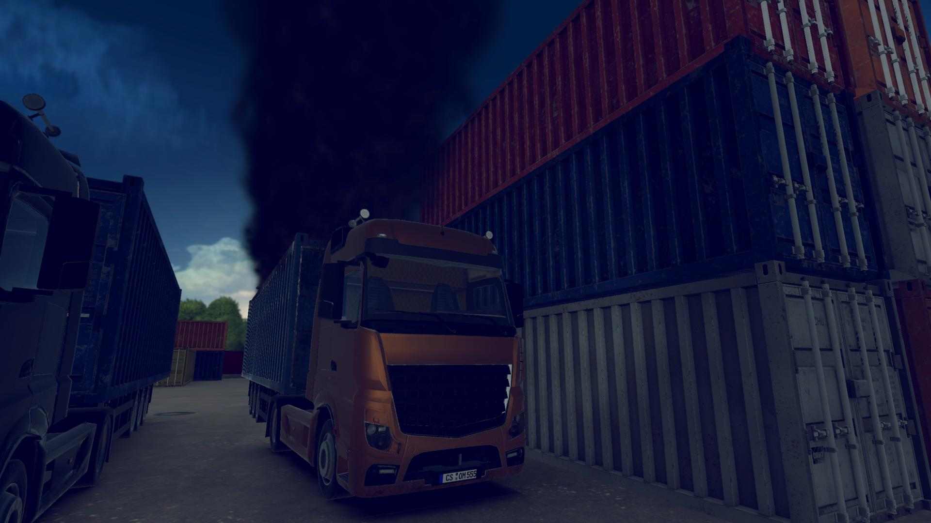 LKW in einem Versandbereich mit Rauch und Containern. Dunkle, nachtartige Szene.