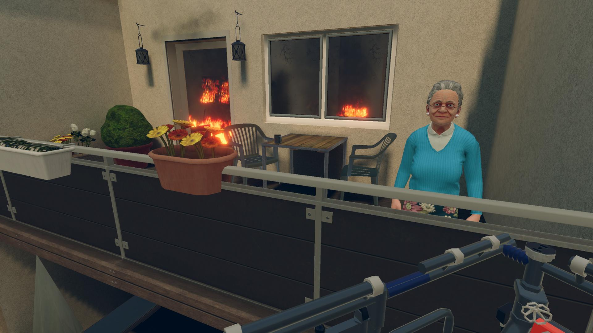 Frau auf Balkon, Feuer in Fenstern, Blumen im Topf, Fahrrad.