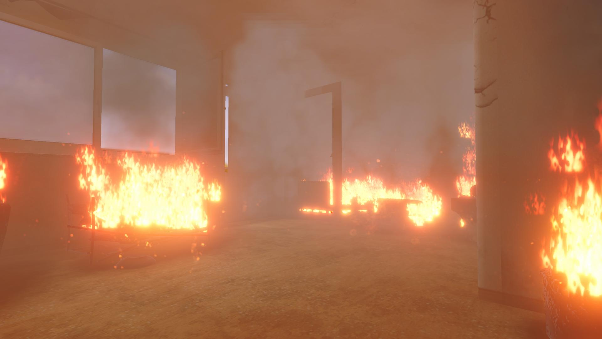 Feuer verschlingt Raum. Flammen und Rauch füllen den Raum. Innenansicht eines brennenden Gebäudes, Fenster sichtbar.