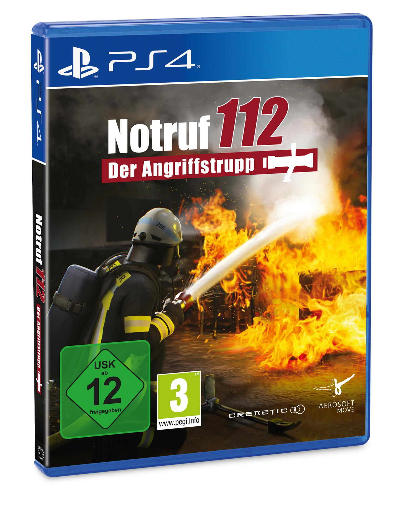 PS4-Spielcover: Feuerwehrmann spritzt Wasser auf Flammen. Titel: Notruf 112 Der Angriffstrupp. Bewertungslogos und Logos sind ebenfalls sichtbar.