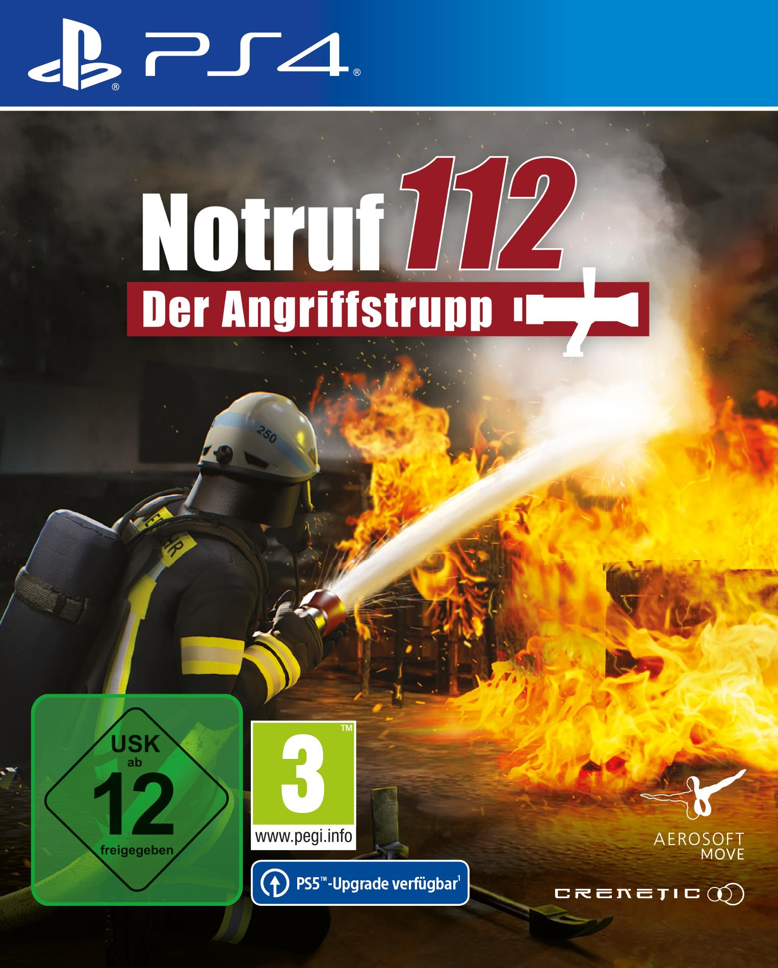 Ein Feuerwehrmann zielt mit einem Wasserschlauch auf ein großes Feuer. Das Cover von Notruf 112 zeigt ein PS4-Logo und Spieldetails.
