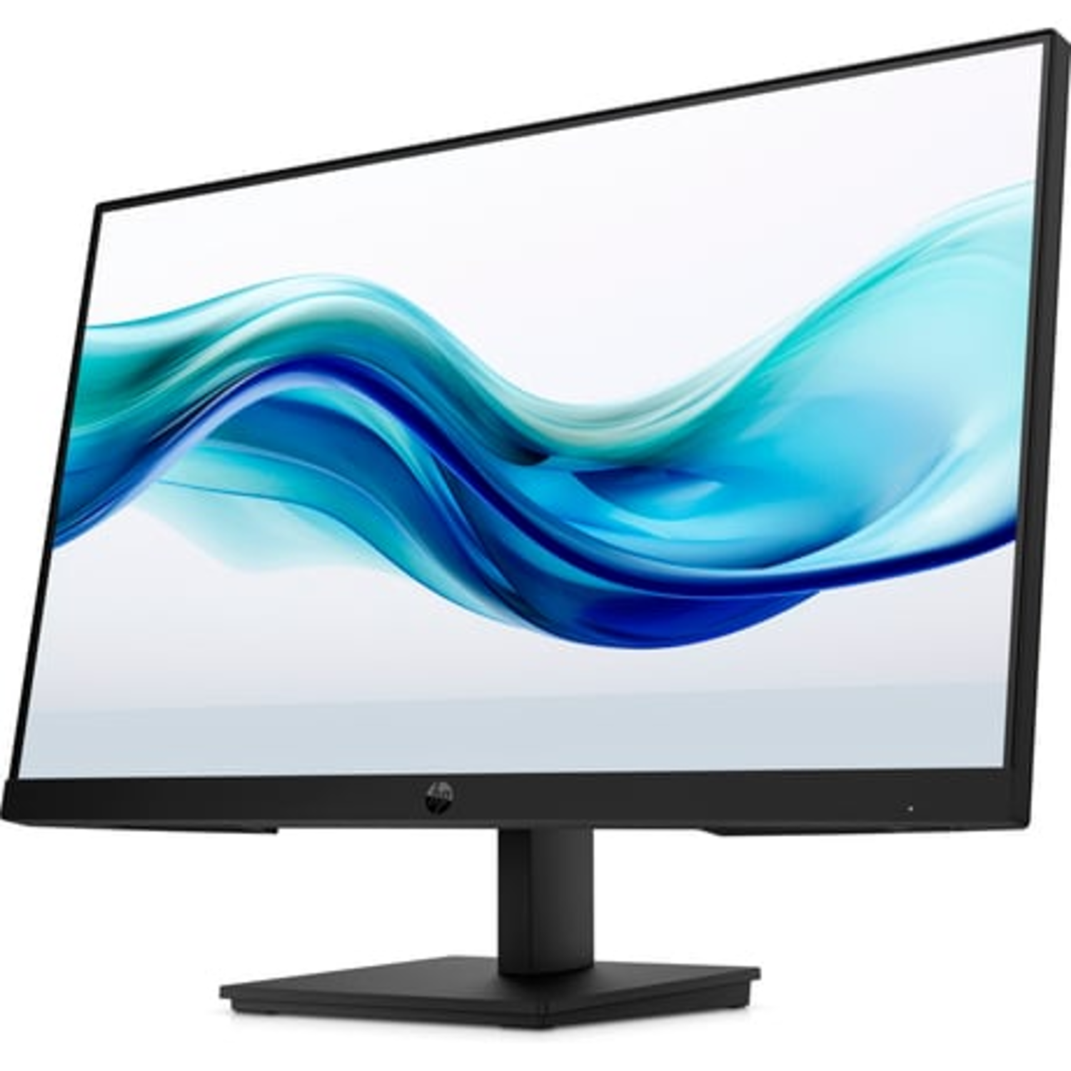 The monitor displays blue and green wave patterns.