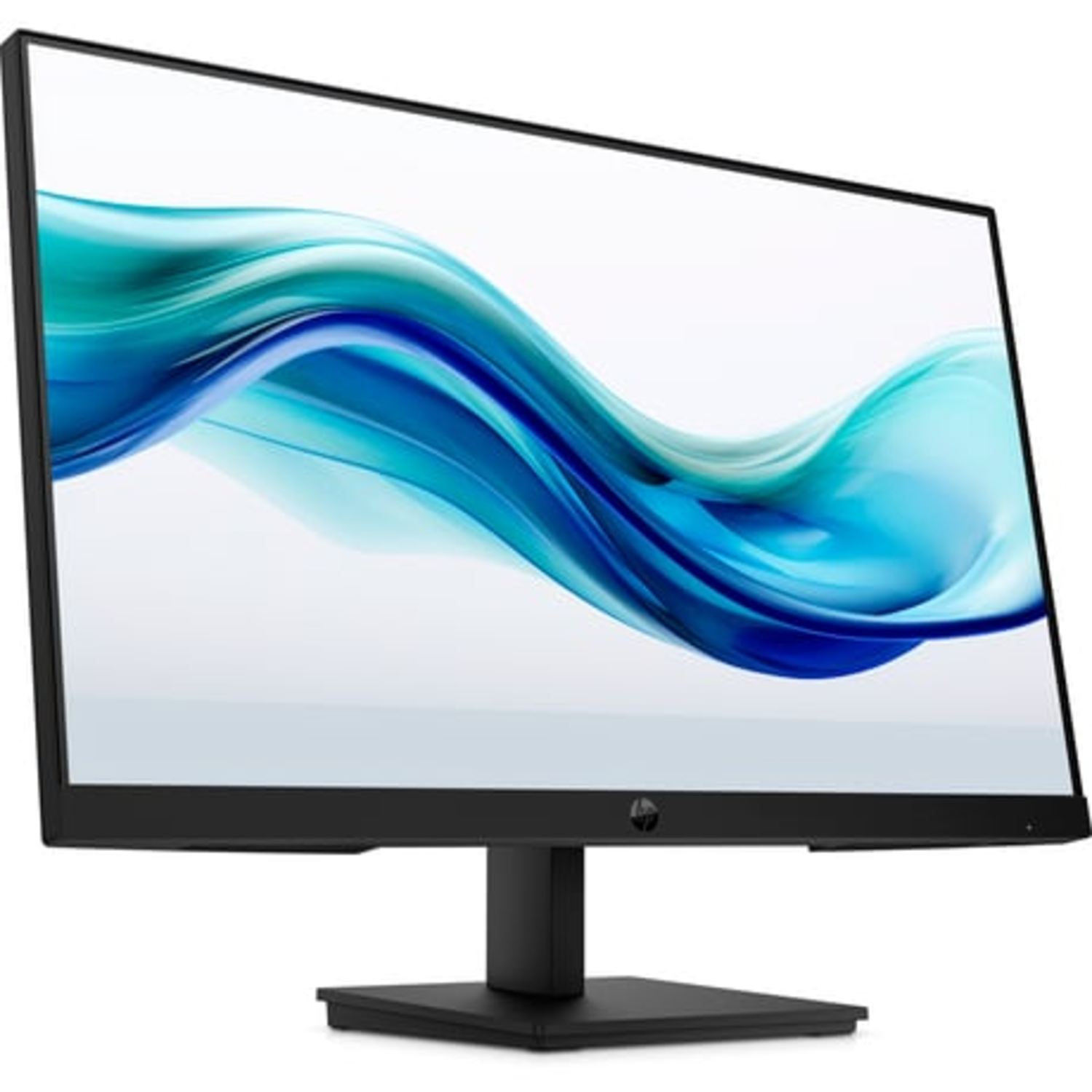 The monitor displays blue and green wave patterns.