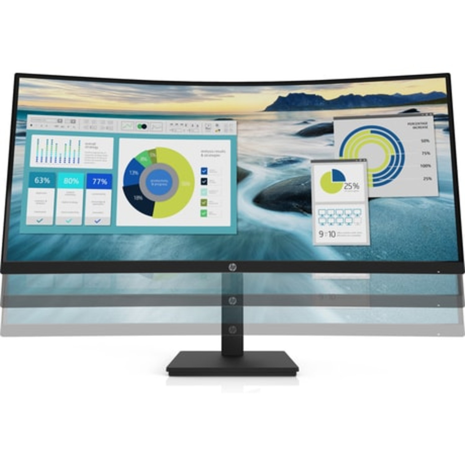 Gebogen HP-monitor toont grafieken en grafieken. Zwarte basis, grijze rand.