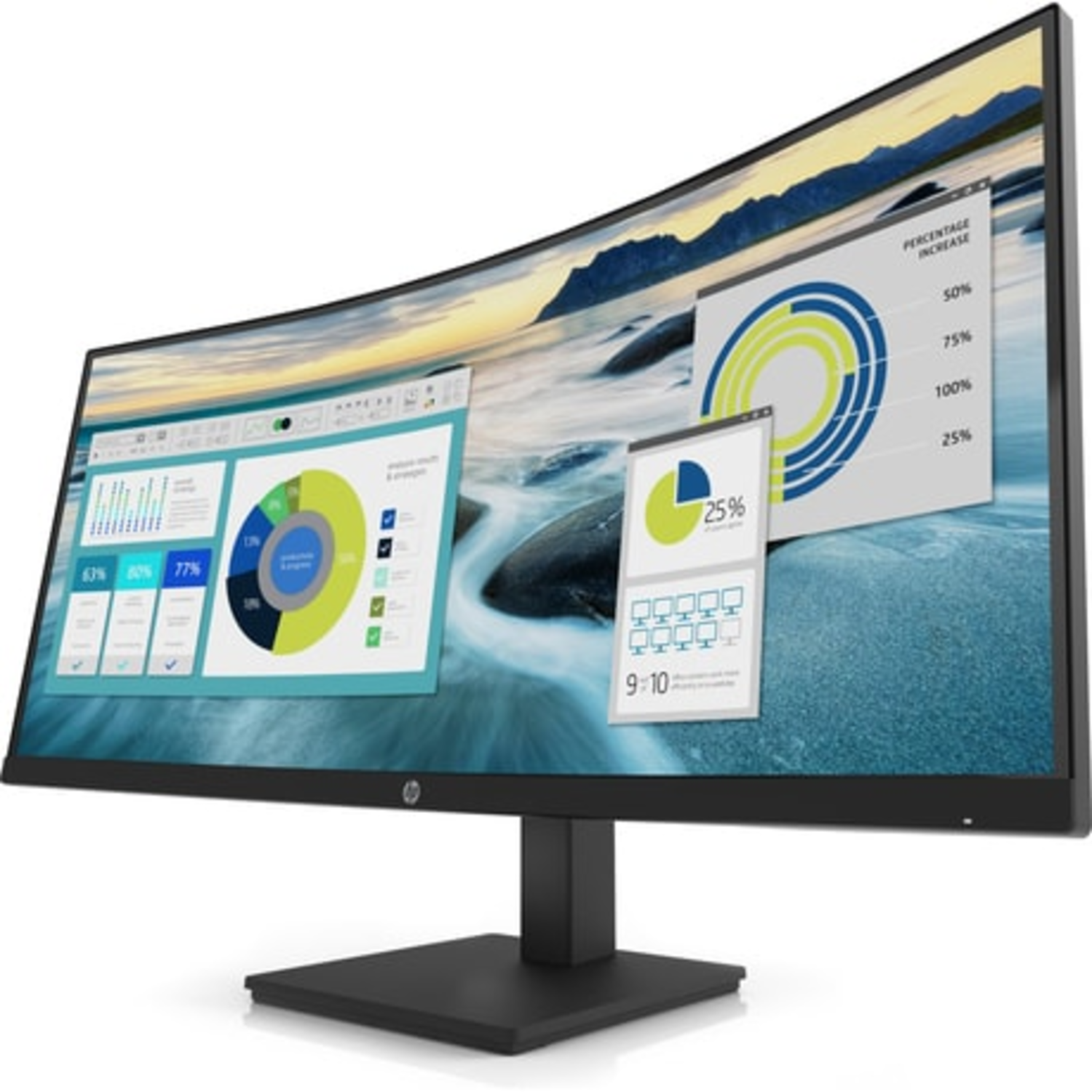Gebogen HP-monitor toont grafieken en grafieken. Zwarte basis, grijze rand.