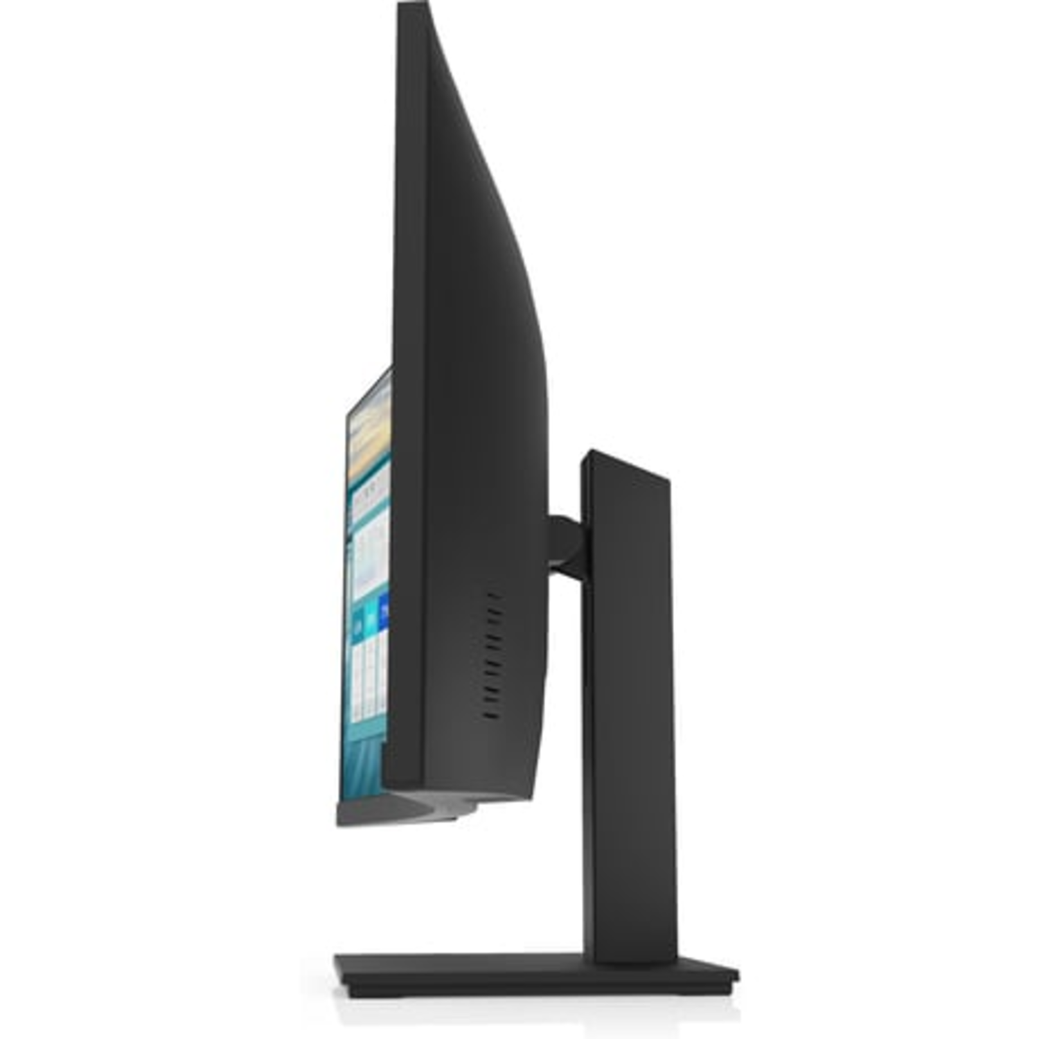 Zijaanzicht van gebogen HP-monitor, zwart, met het zijprofiel. Witte achtergrond.