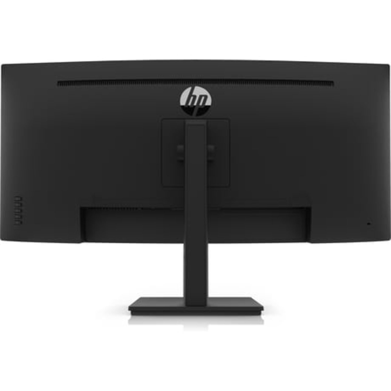 Achteraanzicht van een zwarte gebogen HP-monitor, met HP-logo en standaard, witte achtergrond.