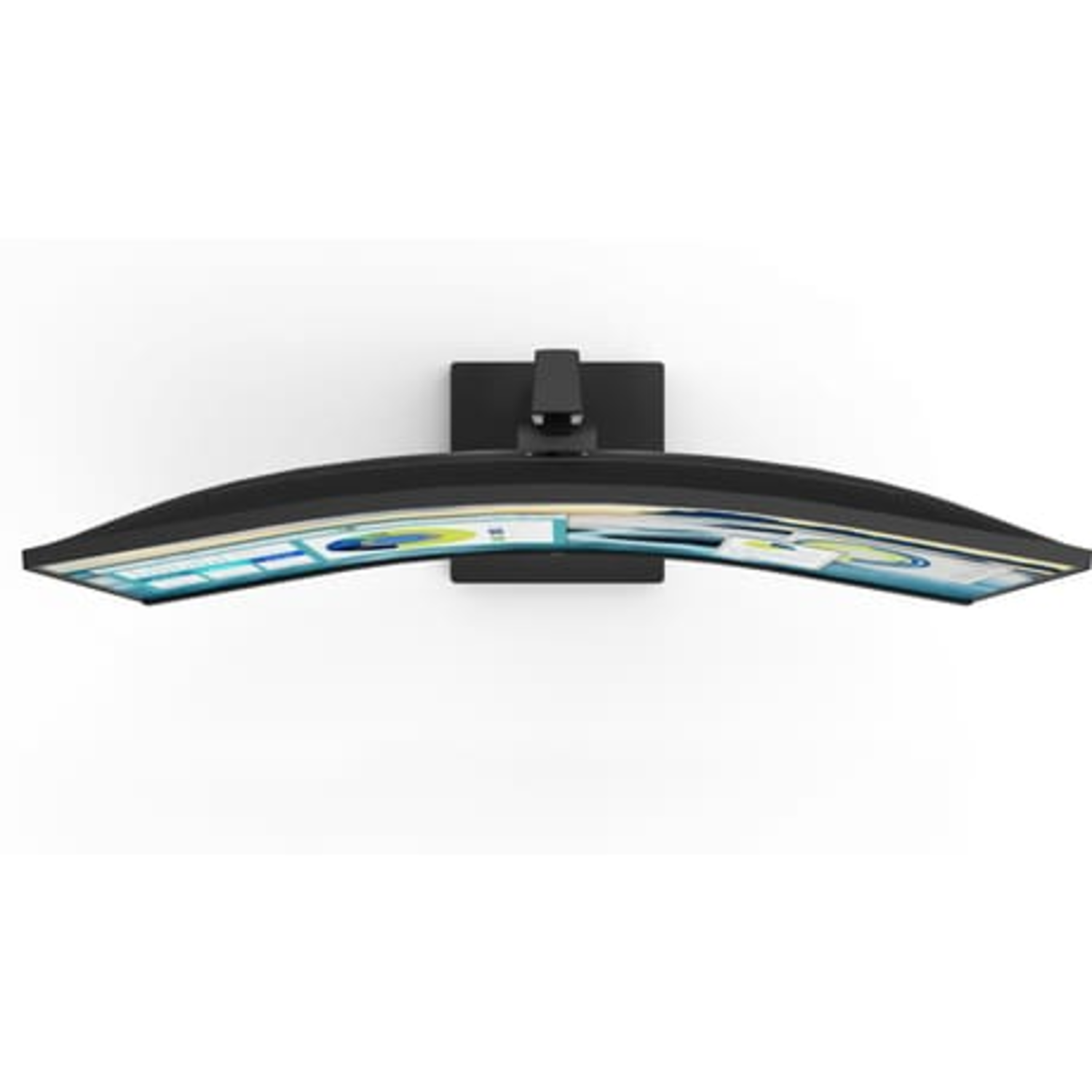 Bovenaanzicht van gebogen HP-monitor, zwart, met de curve. Witte achtergrond.