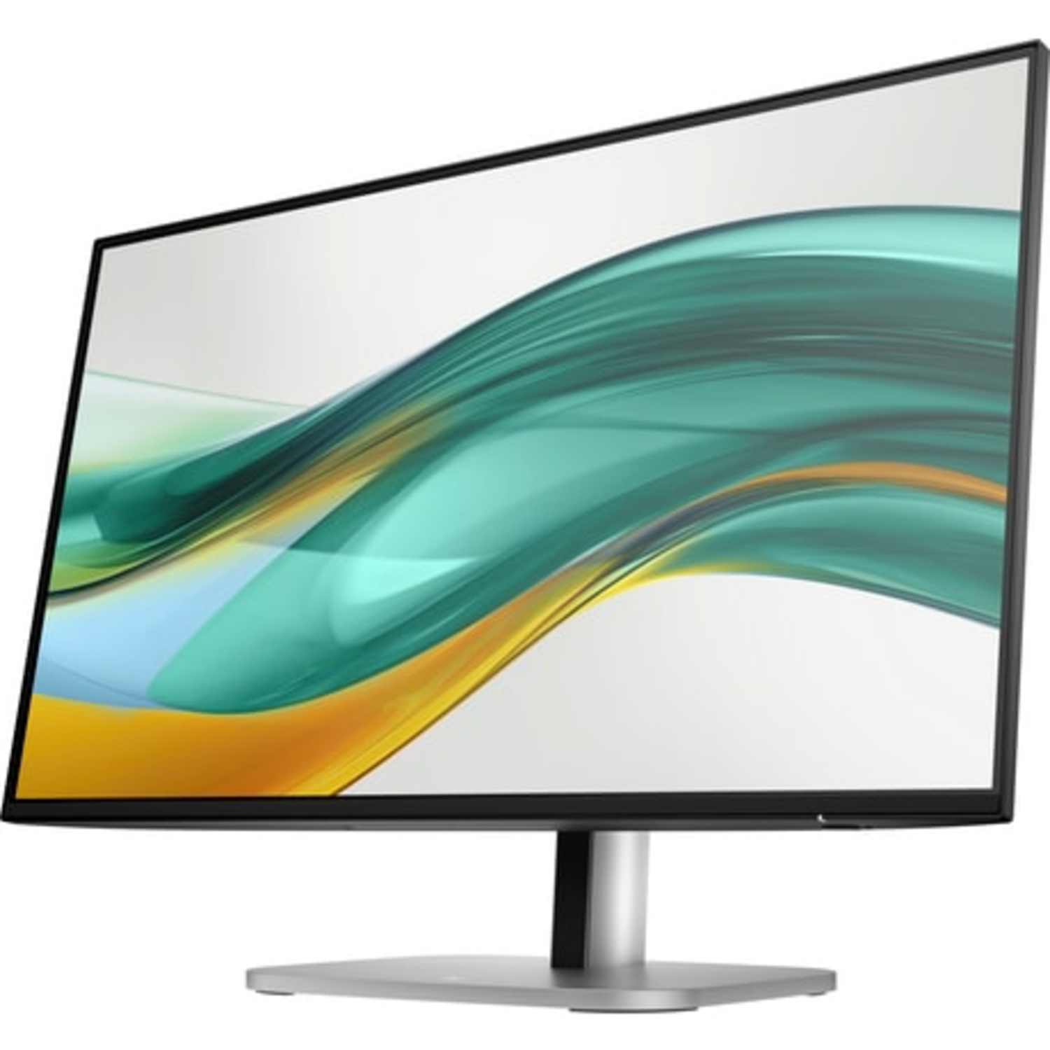Black HP monitor with a light green and blue wave design on the screen, silver stand.