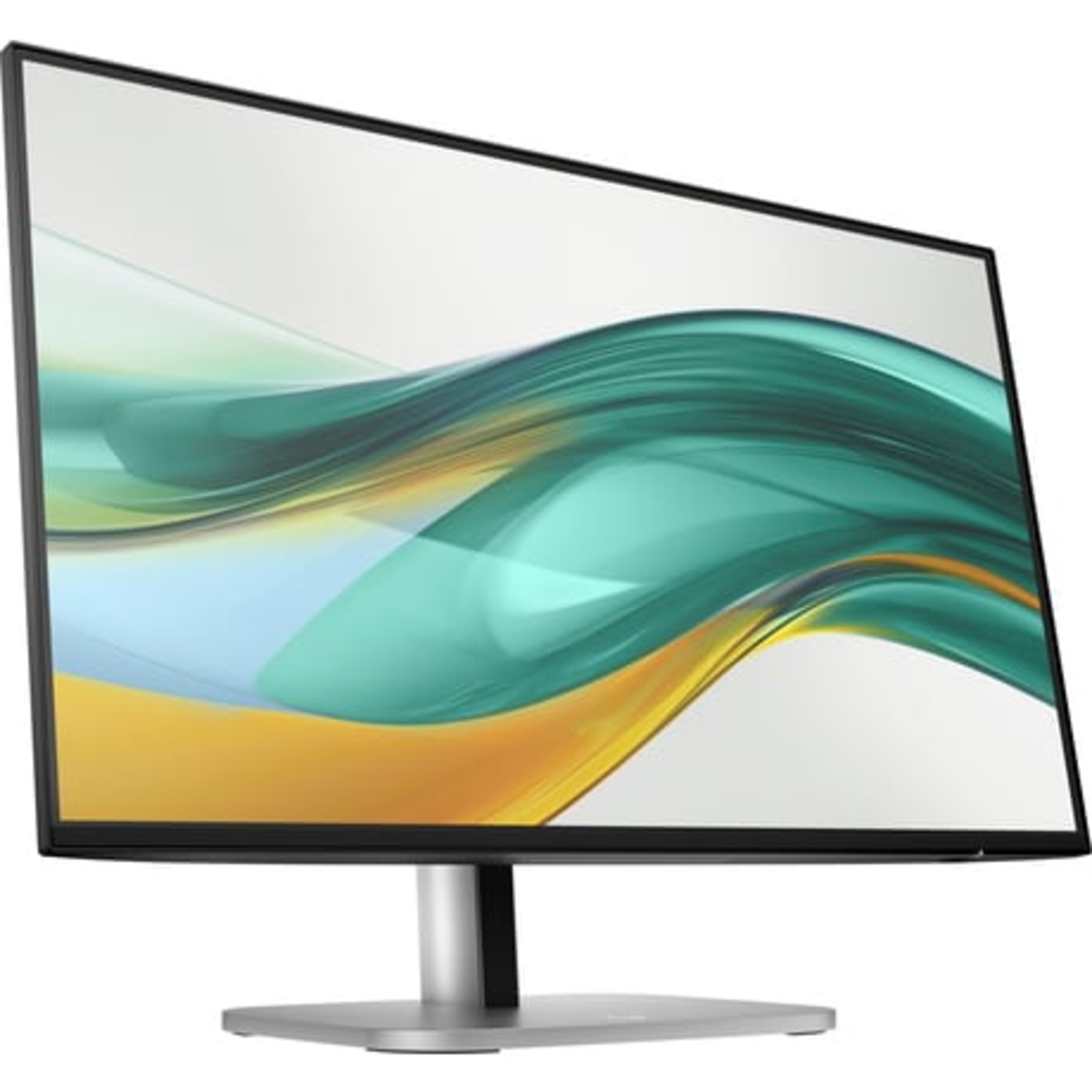 HP monitor with a light green and blue wave design on the screen, silver stand.